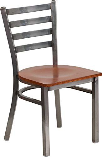 Sturdy Metal Ladder Back Restaurant Chair with Clear Coated Finish & Cherry Wood Seat - Perfect for Cafes, Diners, and Home Dining Rooms