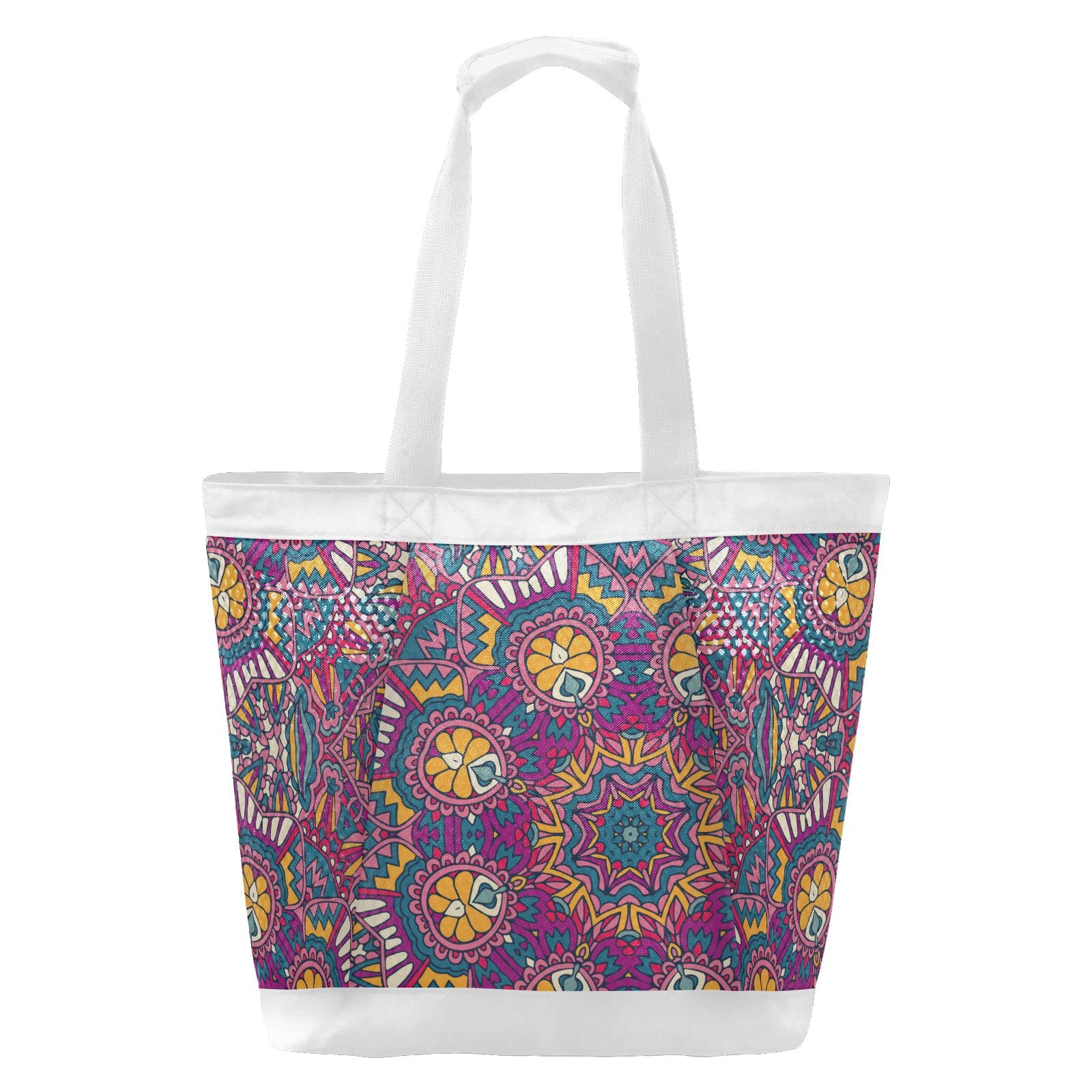 J JOYSAY Tribal Ethnic Floral Mesh Beach Tote Bag - Large Reusable Women's Beach Bag for Travel, Yoga, Grocery Shopping | Perfect for Seaside, Pool Parties & Summer Vacations