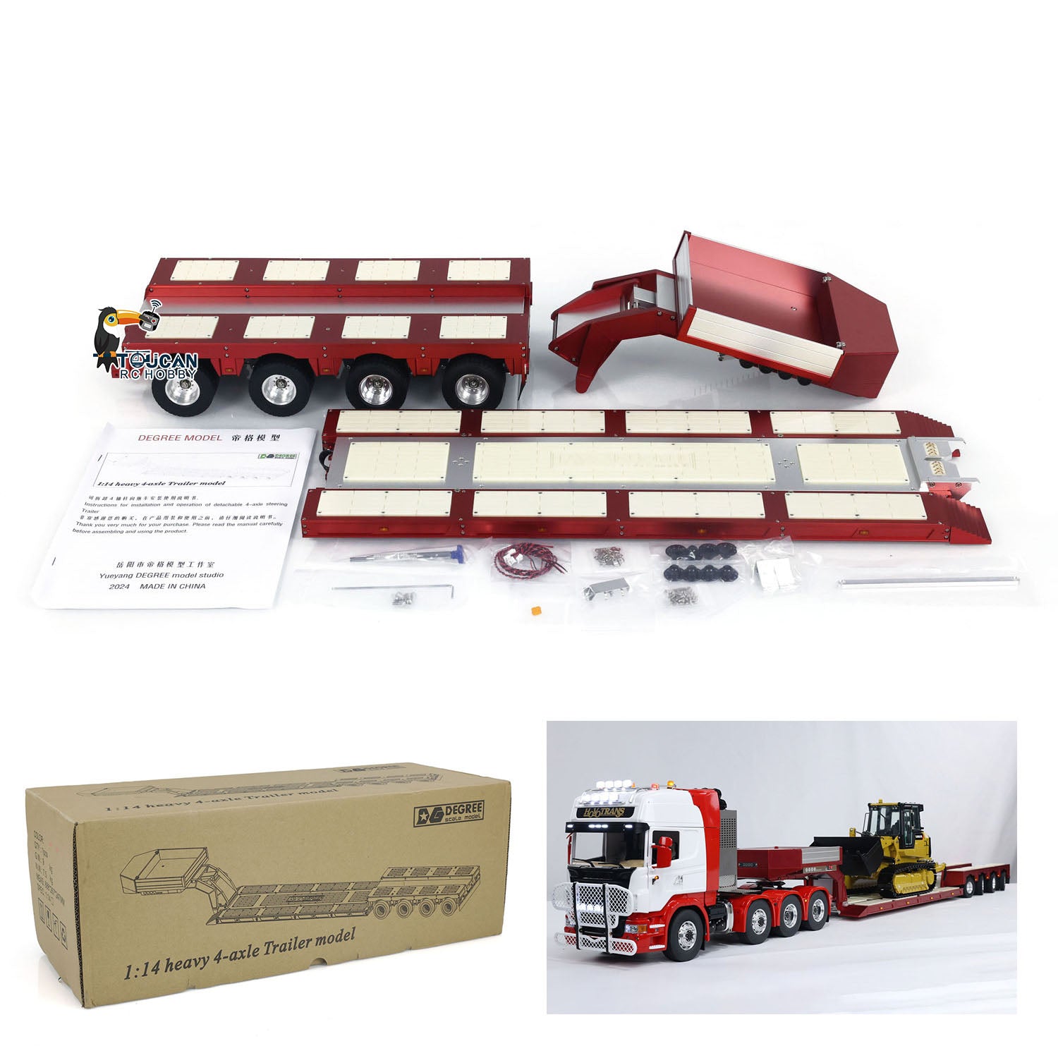 1/14 Scale DG 999 4 Axles RC Heavy Duty Trailer - CNC Painted Gooseneck Trailer for Remote Controlled Tractor Trucks | Hobby Model Collection | Perfect for RC Construction Site Scenes & Farm Vehicle Displays
