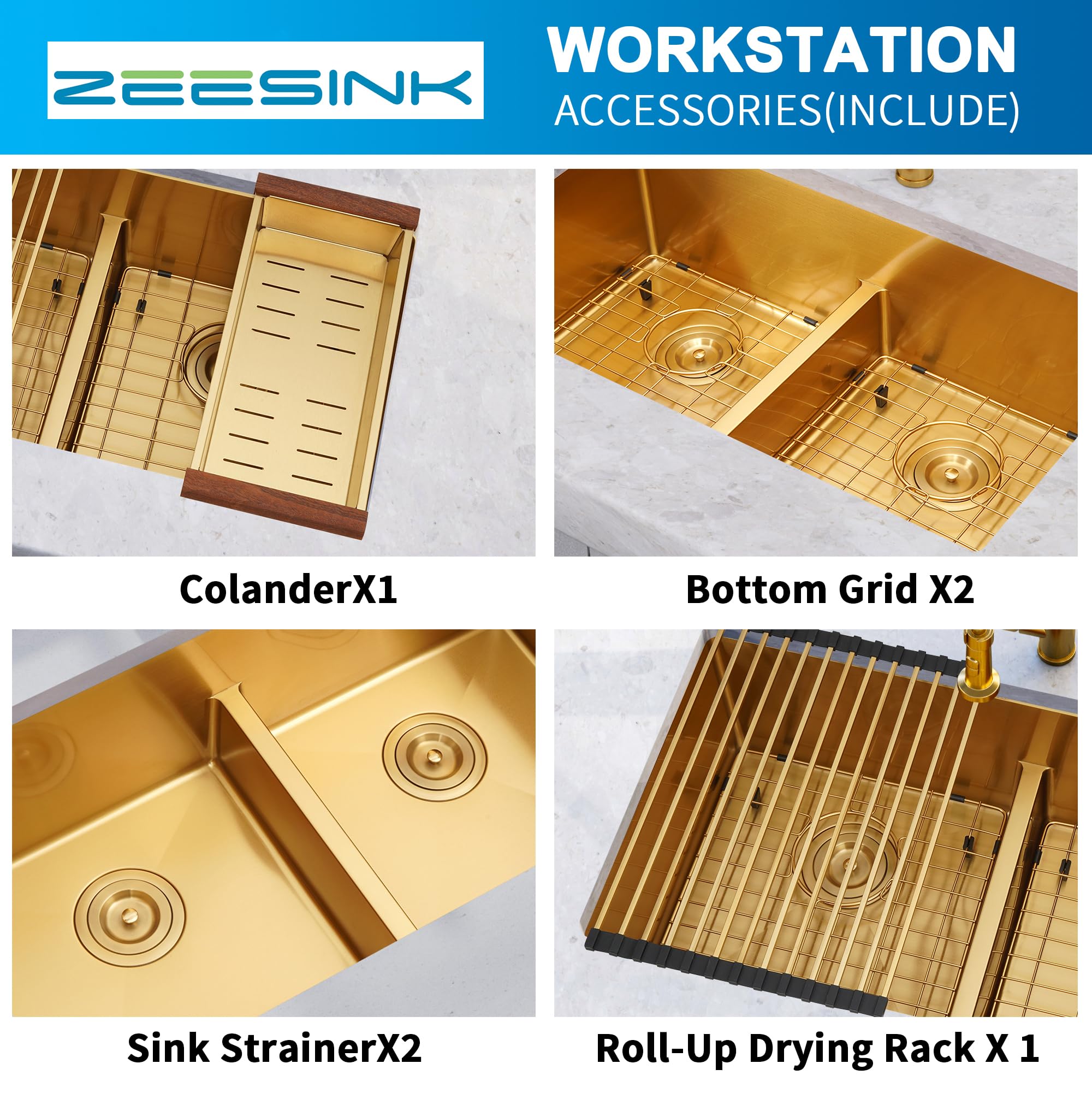 Premium 16 Gauge Stainless Steel Undermount Kitchen Sink - 50/50 Double Bowl Gold Finish with Accessories (32