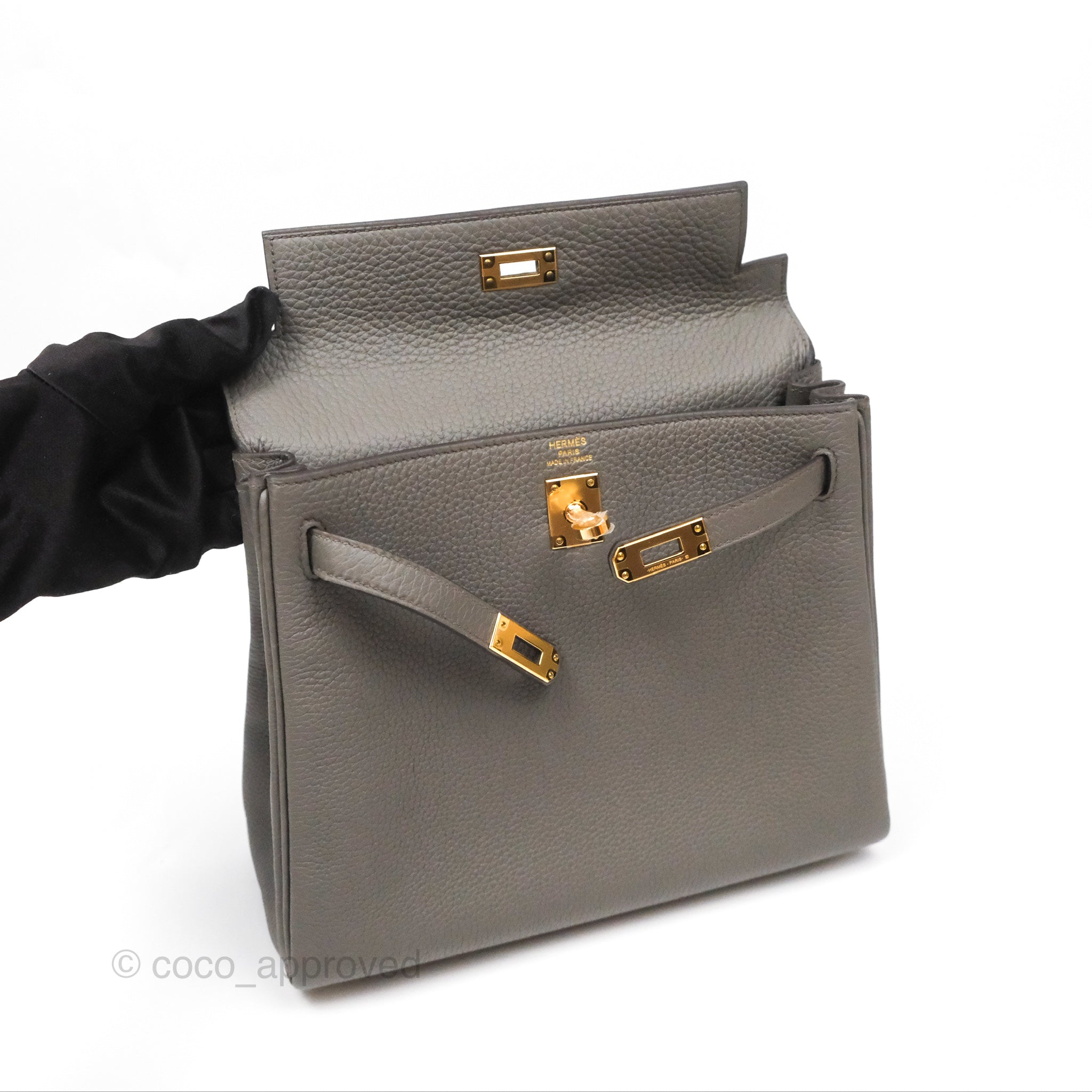 Authentic Hermès Kelly 25 Retourne Bag in Gris Etain (8F) Togo Leather with Gold Hardware - Luxury Handbag for Women | Perfect for Work, Travel & Special Occasions