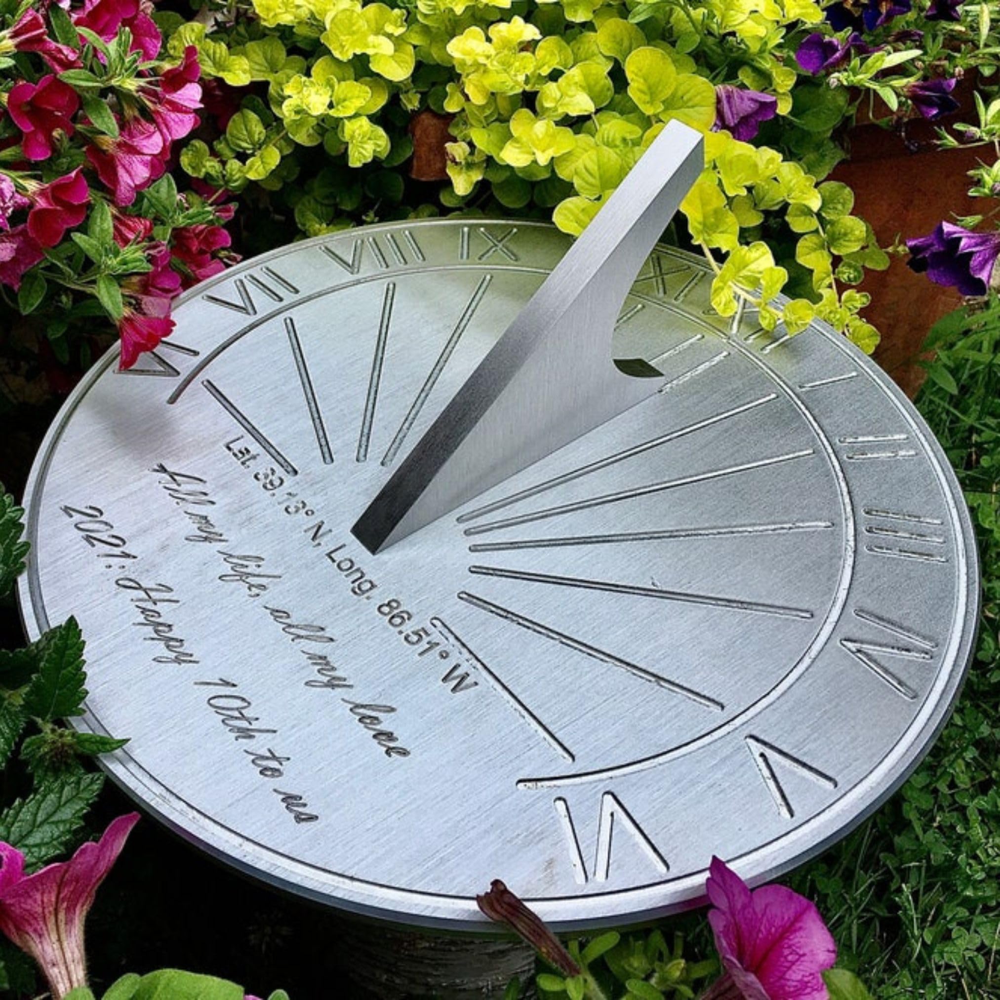 Custom Engraved Sundial - 10 Year Anniversary Gift for Couples (Him & Her) - Personalized Tin Anniversary Keepsake - Perfect for Garden, Patio, or Outdoor Decor