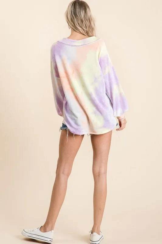 BiBi Tie Dye French Terry V-Neck Top with Puff Sleeves | Women's Casual Loose Fit T-Shirt | Perfect for Yoga, Beach & Summer Outfits