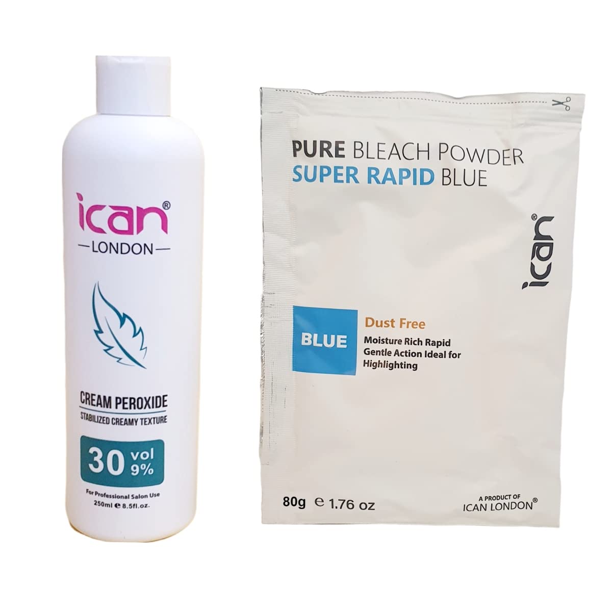 ICAN LONDON Professional Hair Bleaching Kit - 30 Volume 9% Cream Peroxide (250ml) & Rapid Blue Powder Lightener (80g) for Salon-Quality Blonde Highlights at Home | Perfect for DIY Hair Lightening & Touch-Ups