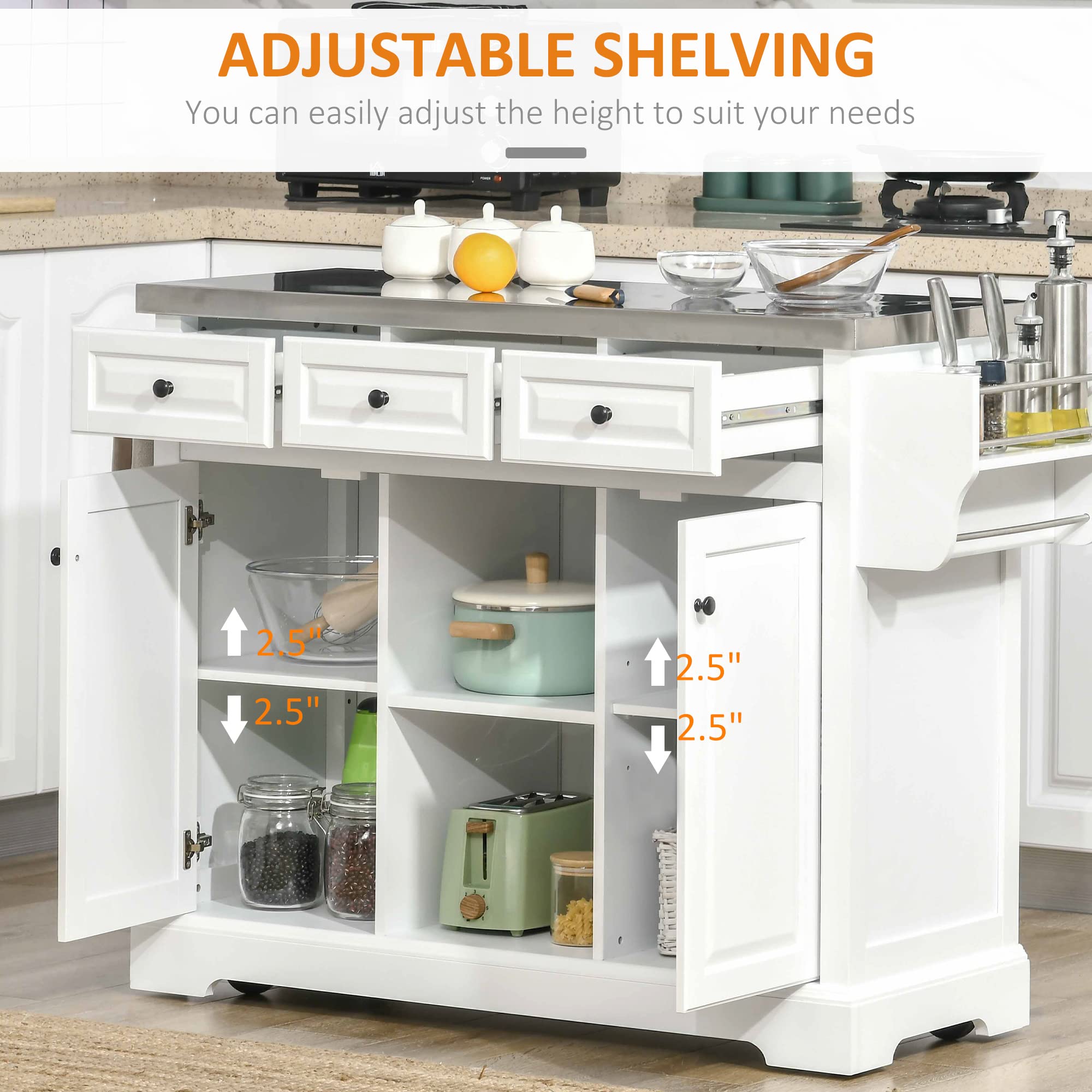HOMCOM White Rolling Kitchen Island with Storage - Stainless Steel Top, Spice Rack & Drawers - Mobile Kitchen Cart for Small Spaces, Apartment Cooking & Extra Counter Space