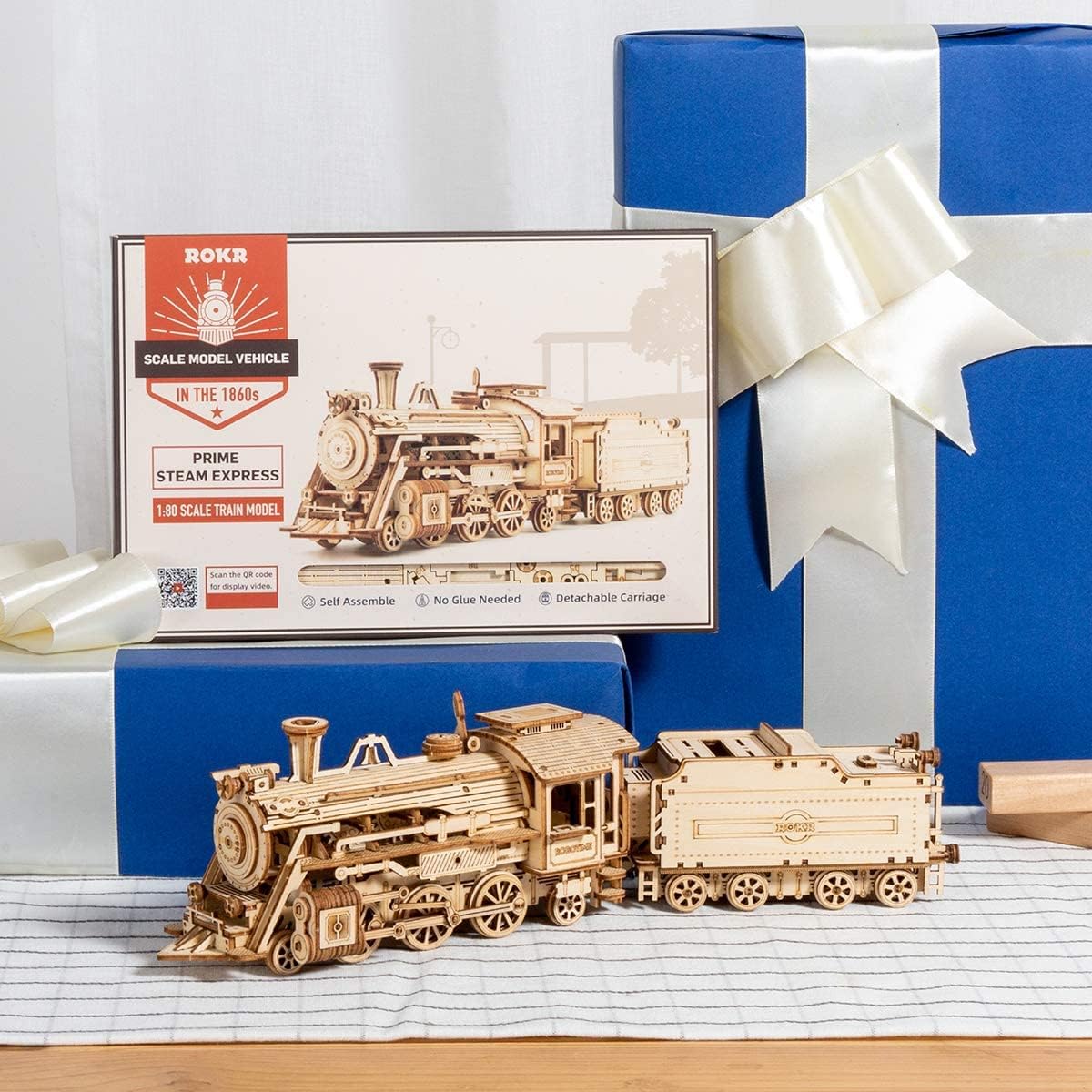 ROKR 3D Wooden Puzzle for Adults - DIY Mechanical Car Model Building Kit - Brain Teaser Toy Gift for Men, Women & Kids - Birthday & Christmas Present - Steam Train with Carriage - Perfect for Home Decoration, STEM Education & Family Bonding Activities