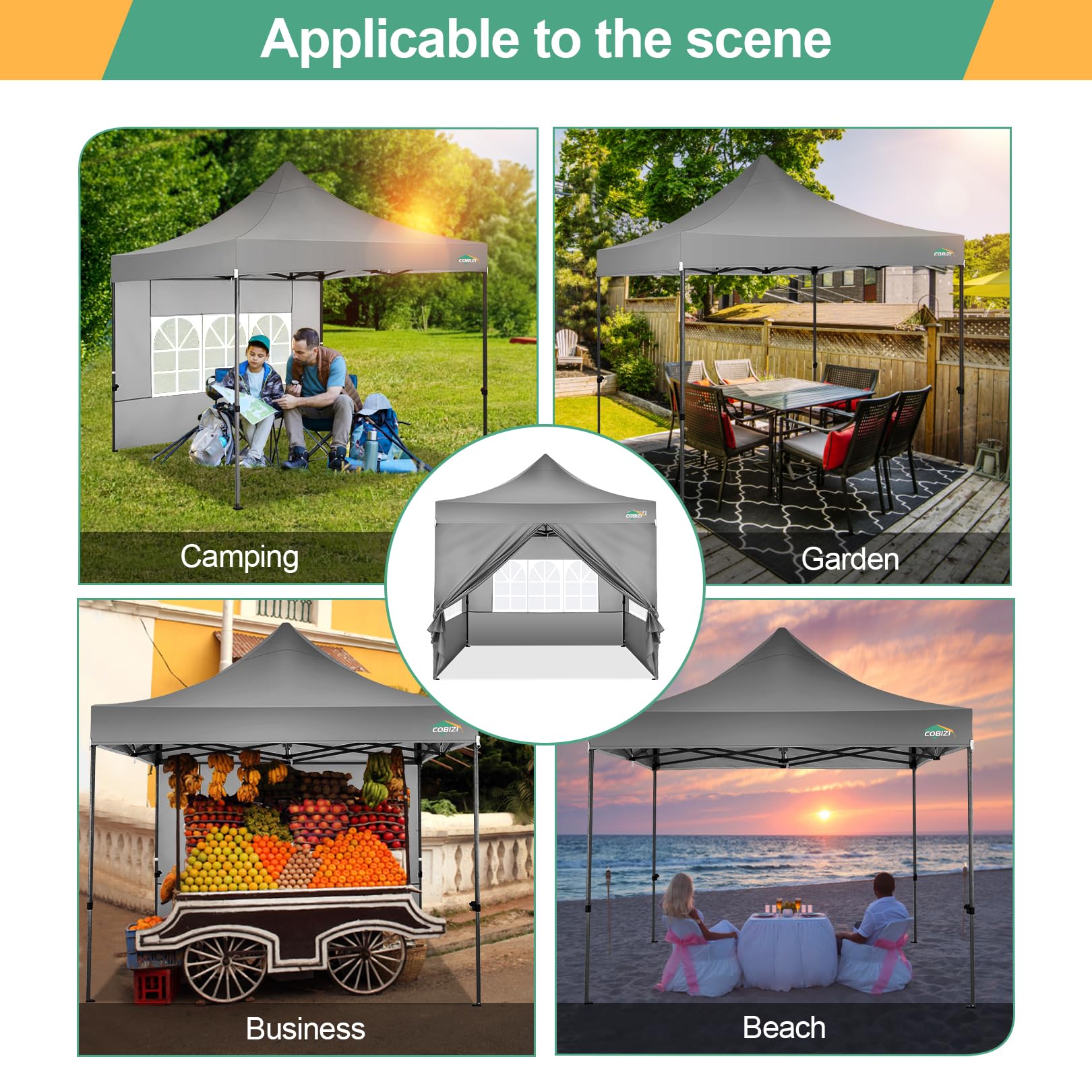 COBIZI 10x10 Pop Up Canopy Tent with 4 Sidewalls - Heavy Duty Commercial Canopy, UPF 50+ Waterproof & Windproof for Outdoor Events, Weddings, Parties, Camping, and Beach - Includes Roller Bag (Grey)