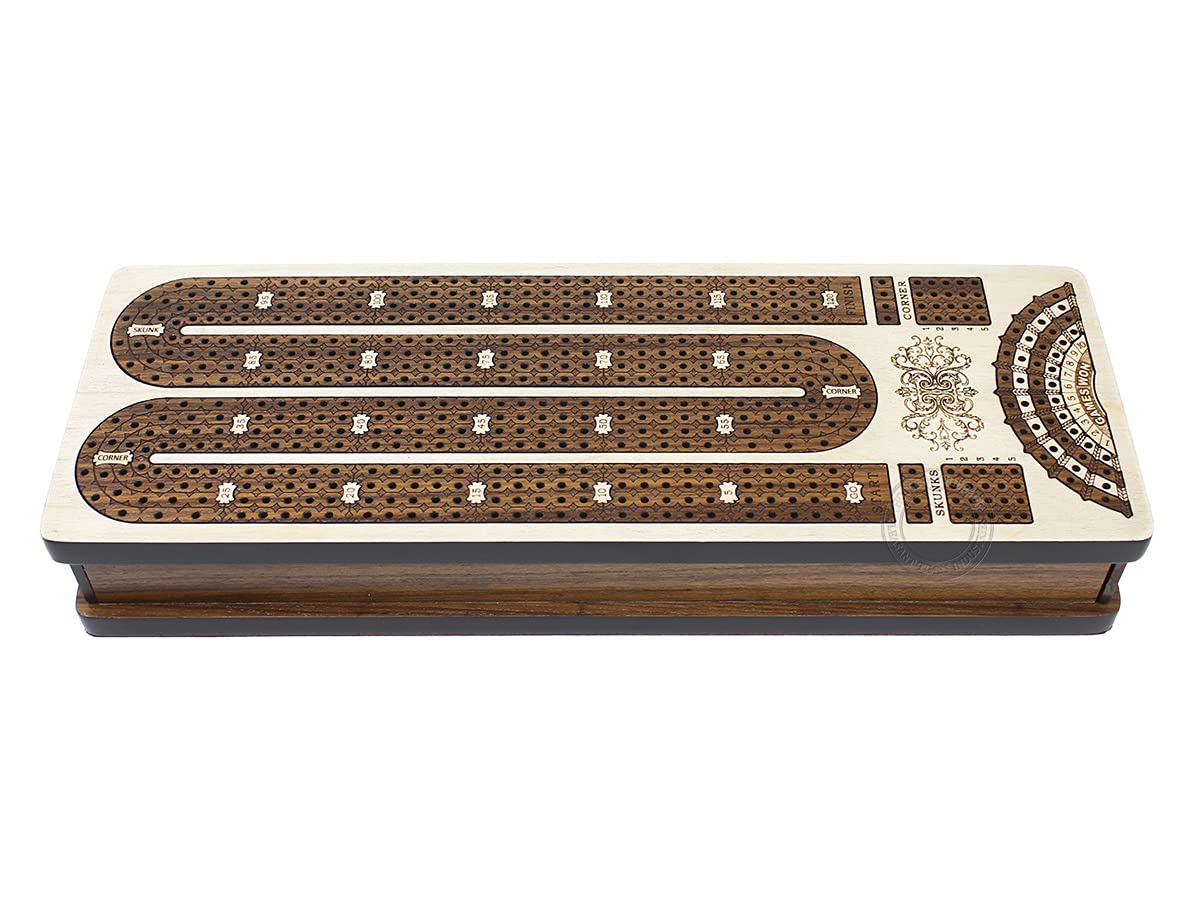 Premium Continuous Cribbage Board with 4 Inlaid Tracks - Handcrafted Maple/Teak Wood with Peg Storage Drawer & Score Marking Fields | Perfect for Family Game Nights, Travel, and Card Game Enthusiasts | Ideal for Home Entertainment, Camping Trips, and Gift Giving | Great for Parties, Holidays, and Competitive Play
