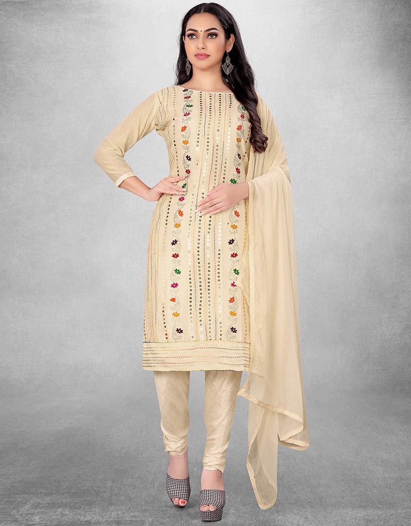 Elegant Beige Chanderi Chudidar Suit for Women - Traditional Indian Kurti Set with Churidar Pants - Perfect for Weddings, Festivals & Special Occasions
