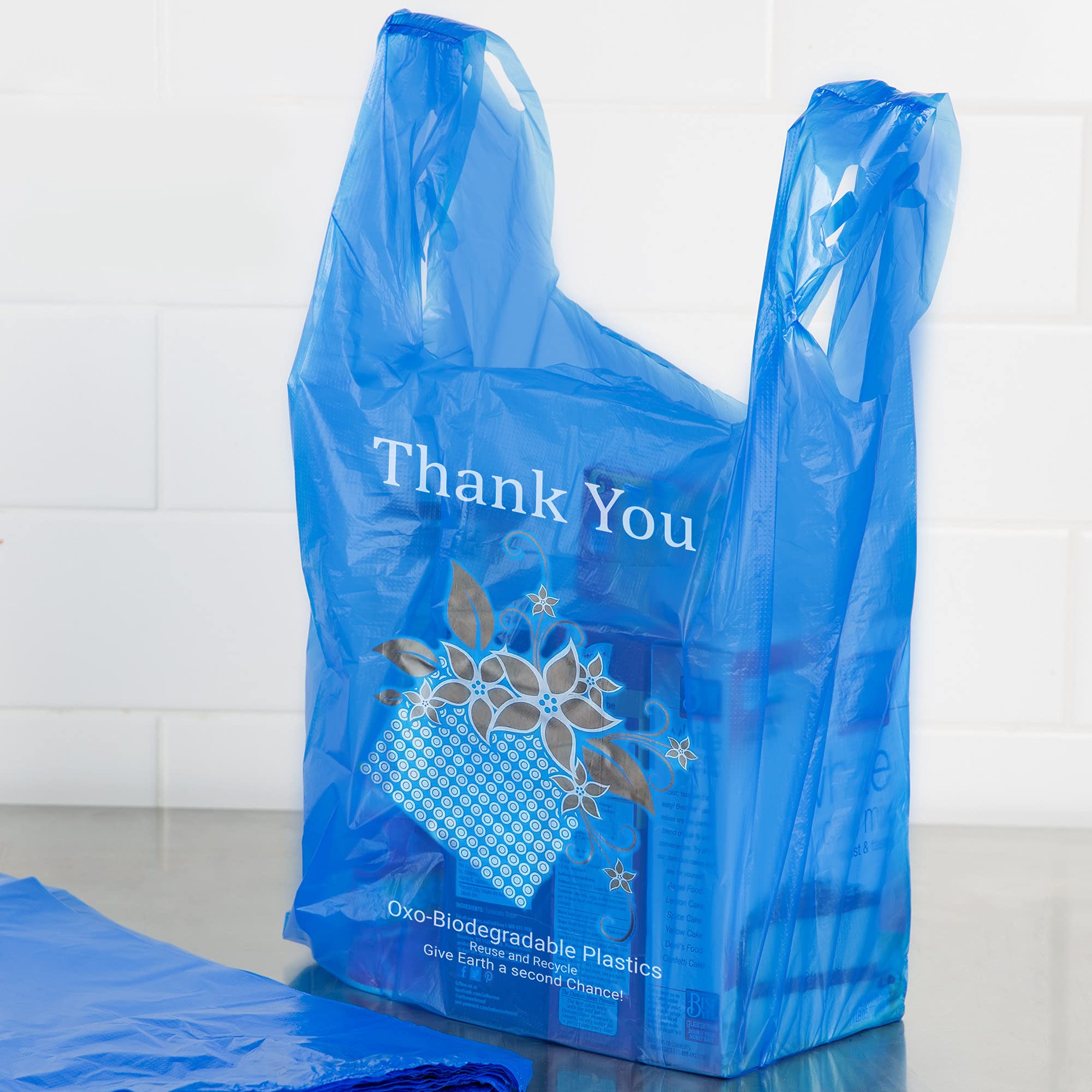 APQ 500 Pack Jumbo Thank You Plastic Bags 16x8x26 Inches - Blue Thick 18 Micron T-Shirt Carry Out Bags | Eco-Friendly Preprinted Retail Shopping Bags for Grocery Stores, Boutiques & Gift Shops