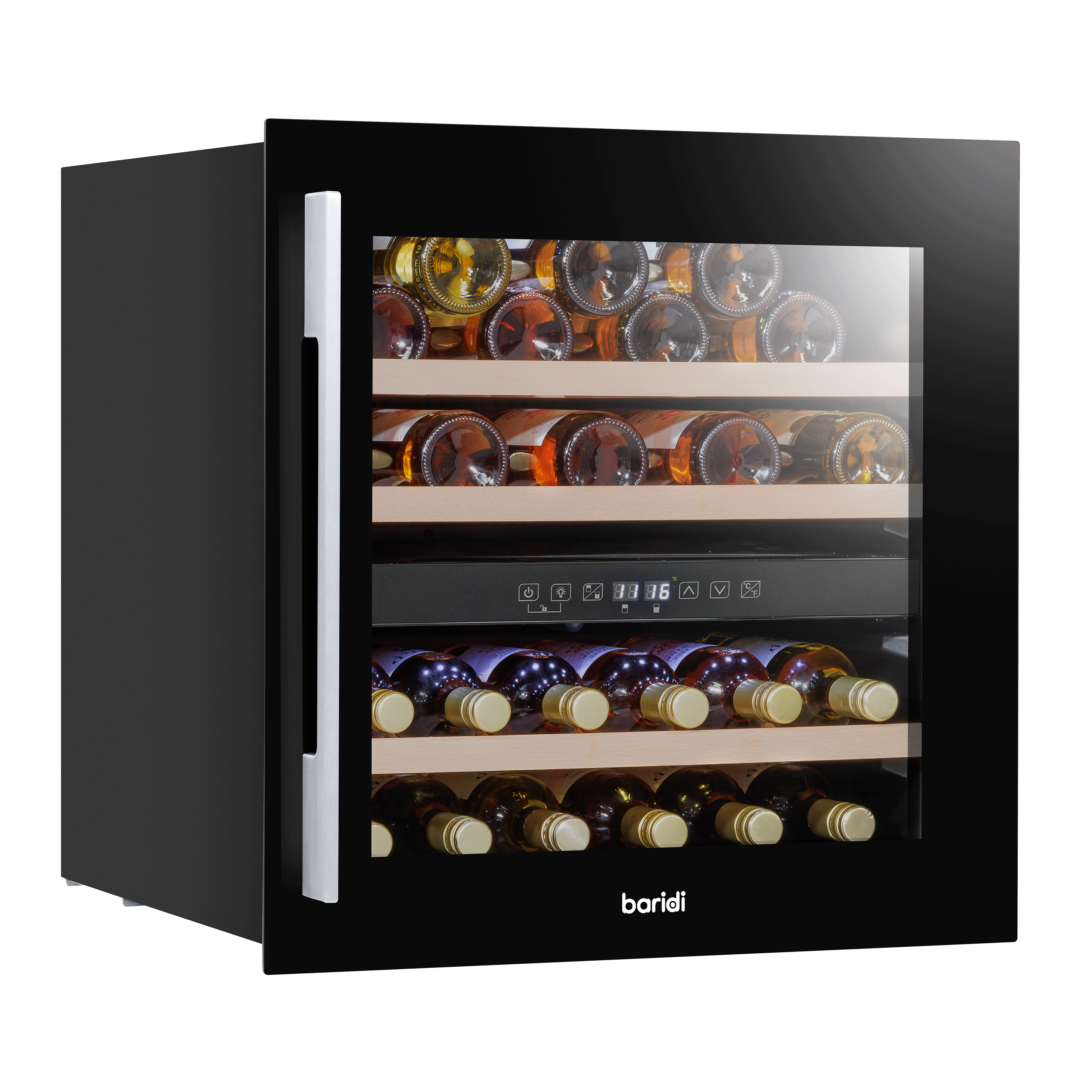 Baridi 60cm Built-In 36 Bottle Dual Zone Wine Cooler with Beech Wood Shelves - Black (DH117) | Perfect for Home Bars, Restaurants & Wine Cellars | Energy Efficient Wine Refrigerator for Optimal Storage