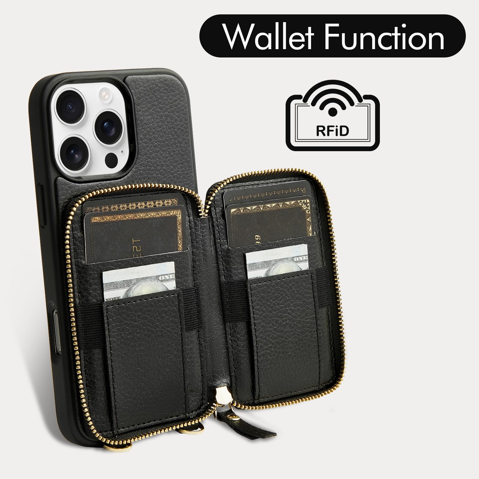 ZVE iPhone 16 Pro Max Wallet Case with Zipper, Crossbody Strap & Card Holder - 6.9
