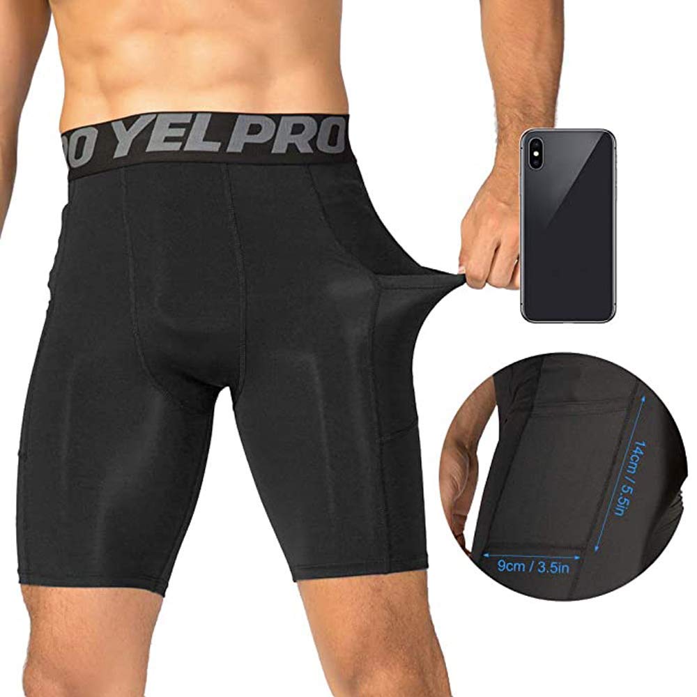 Yuerlian Men's Compression Shorts with Pockets - Spandex Athletic Workout Running Shorts for Performance & Baselayer - Perfect for Gym, Running, Cycling & Sports Activities