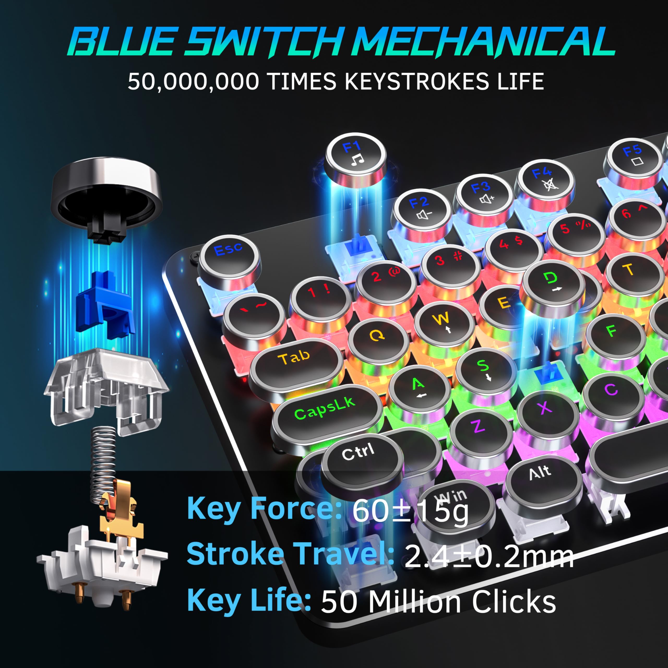 Retro Mechanical Gaming Keyboard and Mouse Combo - Blue Switch, RGB Backlit 104 Keys, Metal Panel, Round Keycaps for PC, Mac, Laptop | Perfect for Typing, Gaming & Office Work