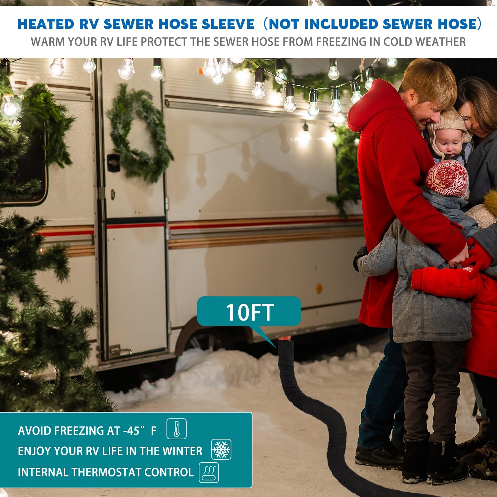 10 FT RV Heated Sewer Hose Cover Kit for Winter Camping -20°F Protection | Insulated Waste Discharge Hose Sleeve | RV Camper Accessories for Freezing Temperatures | Perfect for Cold Weather RV Trips and Snowbird Travel