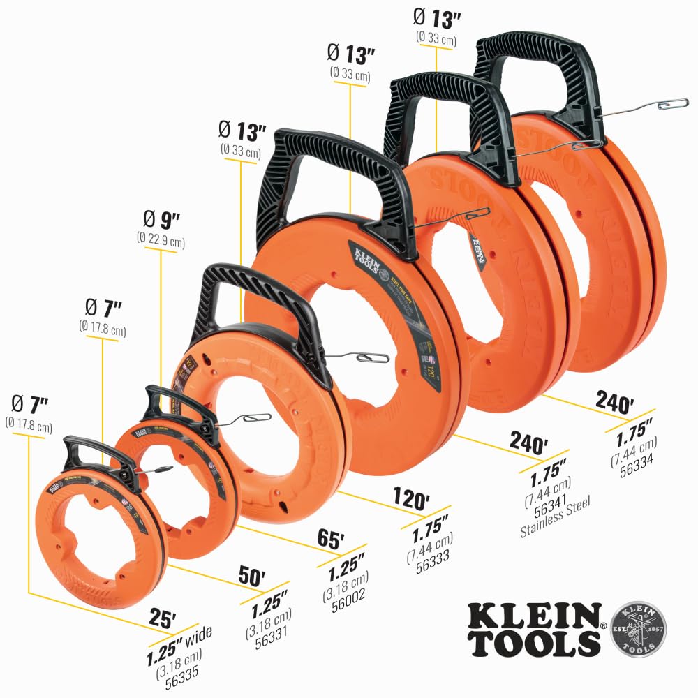 Klein Tools 56335 25-Foot 1/4-Inch Flat Steel Electrical Fish Tape with Slim Plastic Tip & Laser Etched Markings - Perfect for Electricians & DIY Wiring Projects