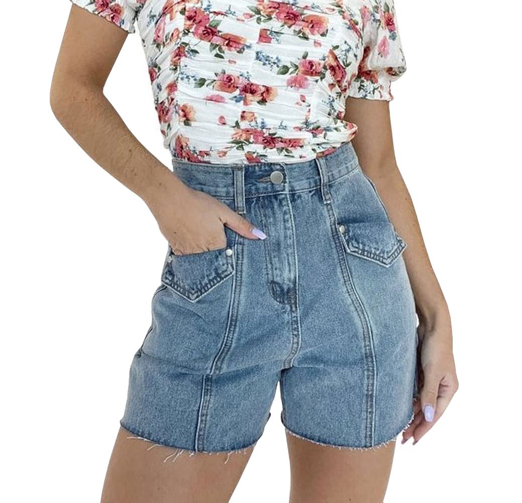 Women's High Waisted Distressed Denim Shorts with Pockets - Casual Ripped Jean Mini Skirt for Summer Outfits & Beach Vacations
