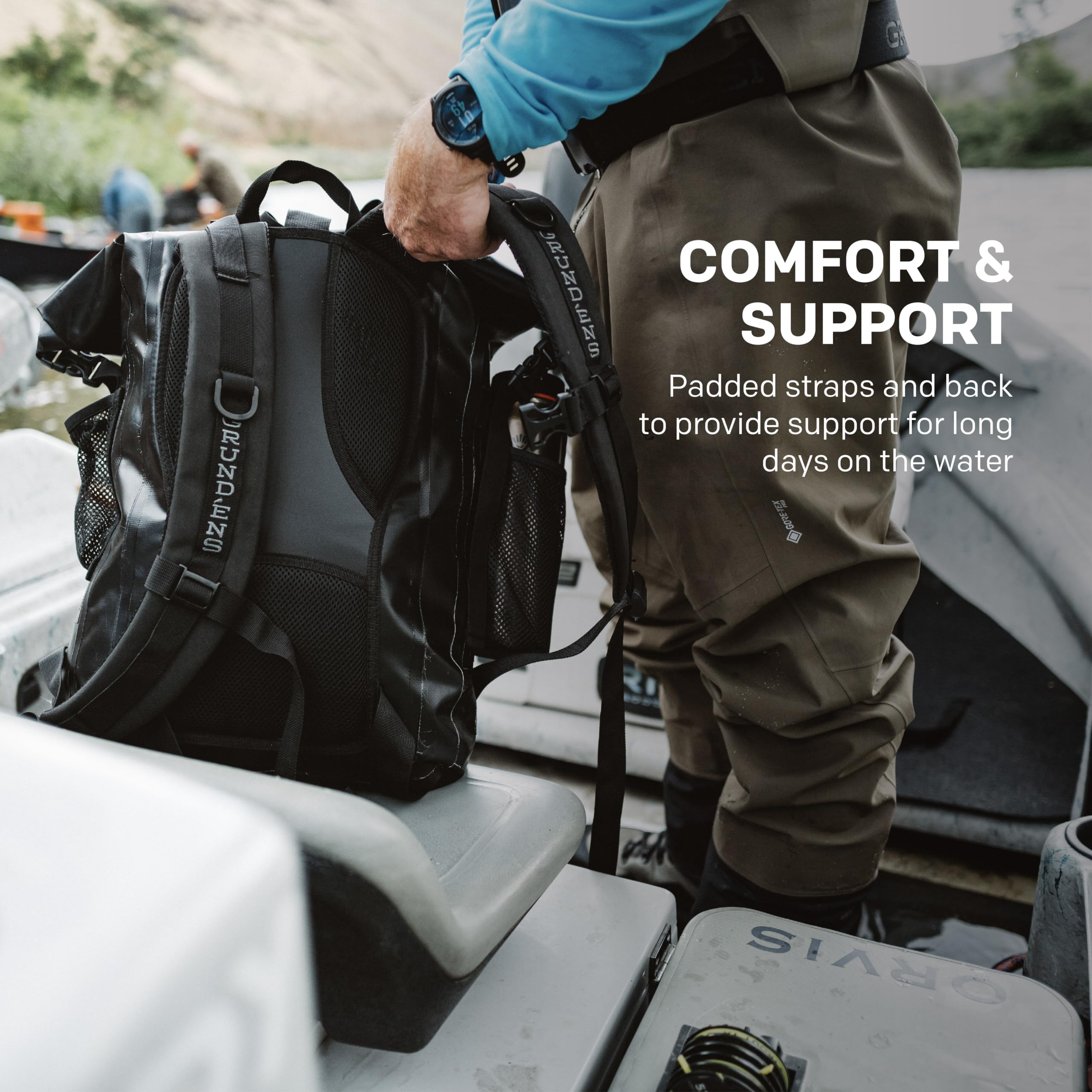 Grundens Gage Tech Rum Runner Backpack - Waterproof Fishing Backpack for Men & Women, Large Black, Durable Outdoor Gear for Hiking, Camping & Boat Trips