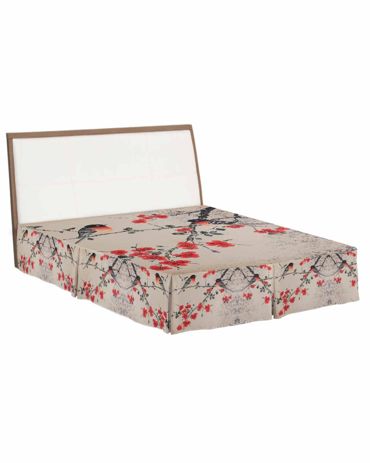 Vintage Red Floral Queen Size Bed Skirt - 18 Inch Drop with Split Corners, Farmhouse Style Ruffled Pleated Dust Ruffle, Tailored Wrap Around Bed Skirt Valance for Bedroom Decor | Perfect for Farmhouse, Cottage & Boho Chic Bedroom Designs