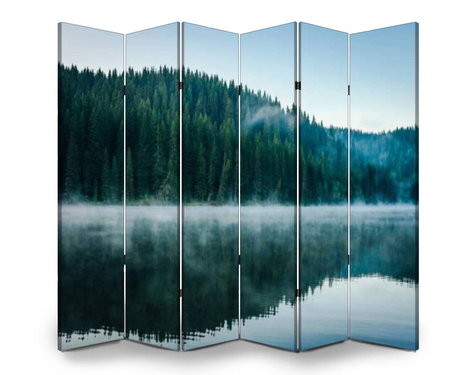 6-Panel Wooden Room Divider with Pine Forest & Lake Canvas Design - Folding Privacy Screen, Dual-Sided Wall Partition for Home Office, Bedroom, and Indoor Display Shelves | Perfect for Space Division and Decoration