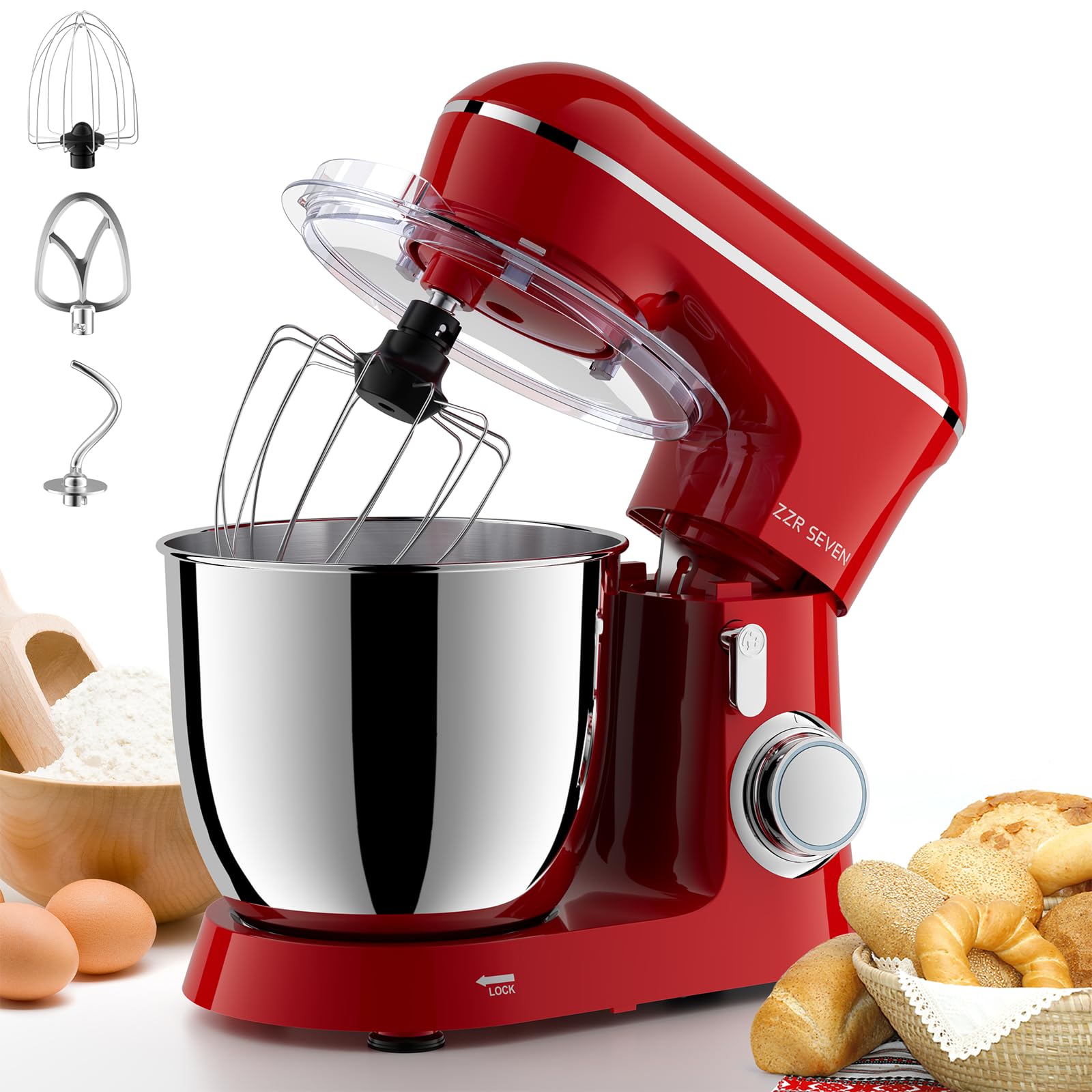450W Stand Mixer with 5.5QT Stainless Steel Bowl - Professional Kitchen Mixer for Dough, Cake & Baking | Includes Beater, Dough Hook & Egg Whisk | Perfect for Home Bakers & Small Bakeries (Red)