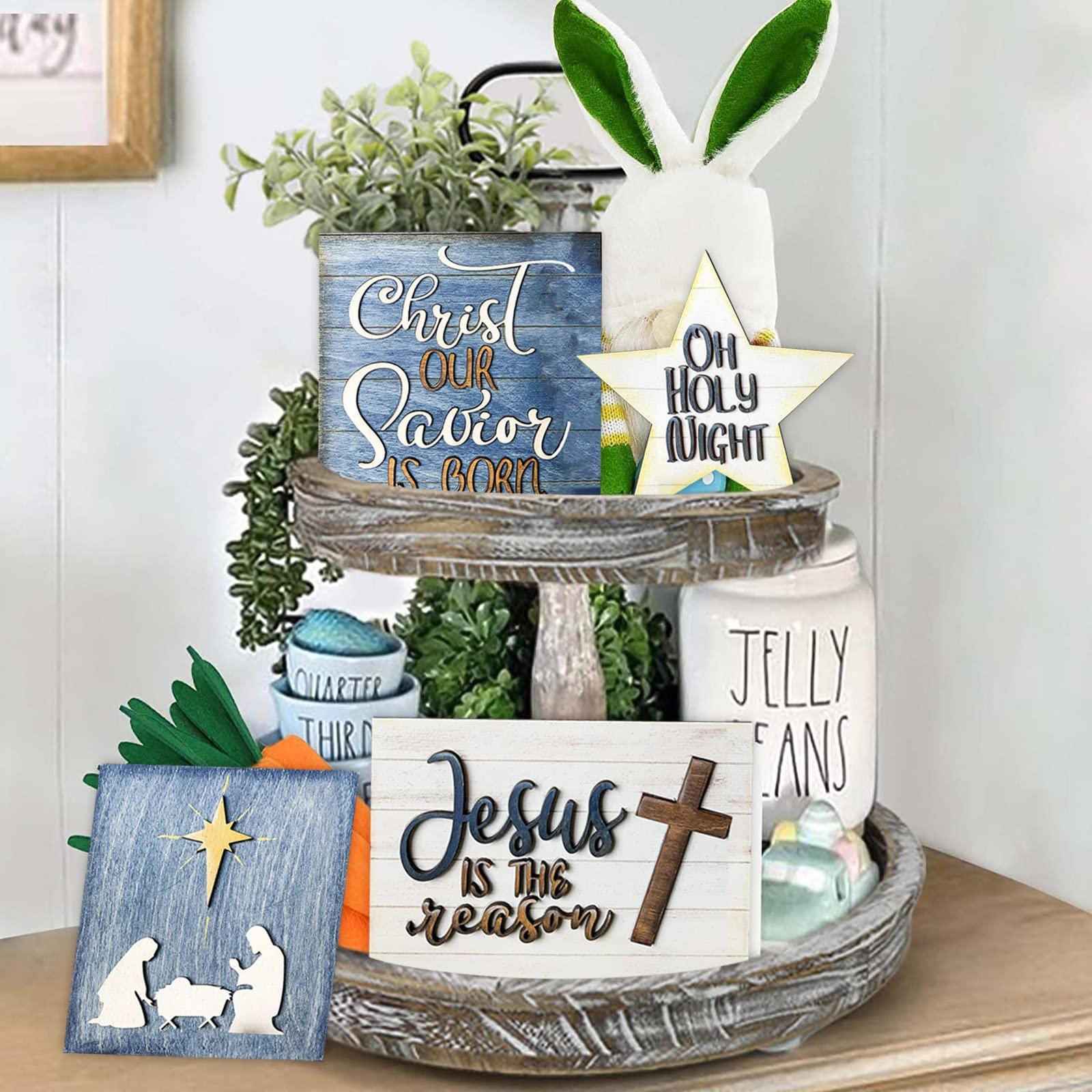 Farmhouse Tiered Tray Decor Set - Rustic Wooden Signs for Easter, St. Patrick's Day & Home Decor (4-Piece) - Perfect for Seasonal Displays, Table Centerpieces, and Farmhouse-Style Home Decoration