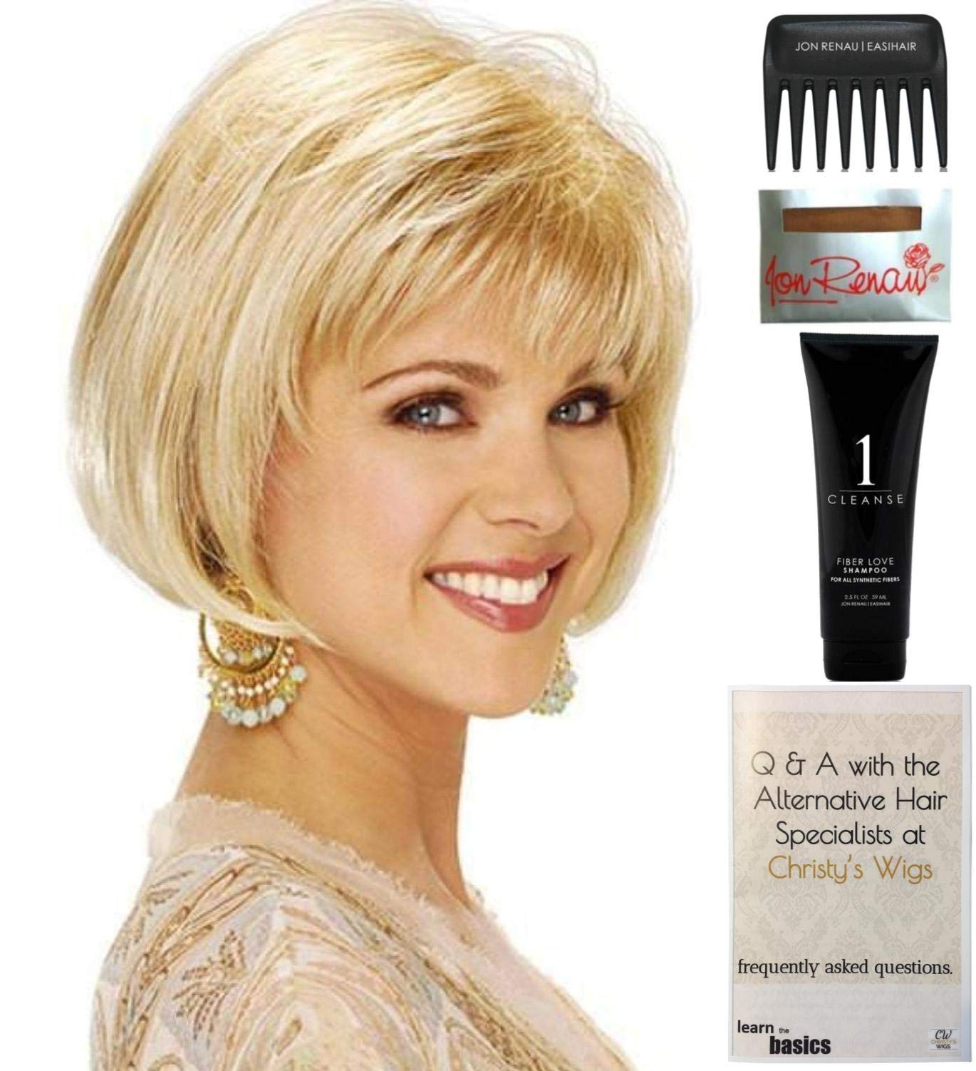Ellen Wig by Estetica - Bundle of 5 Items: Synthetic Hair Wig, Christy's Wigs Q&A Booklet, 2oz Travel Size Wig Shampoo, Wig Cap & Wide Tooth Comb (Color R18/22) - Perfect for Cosplay, Costume Parties & Everyday Wear