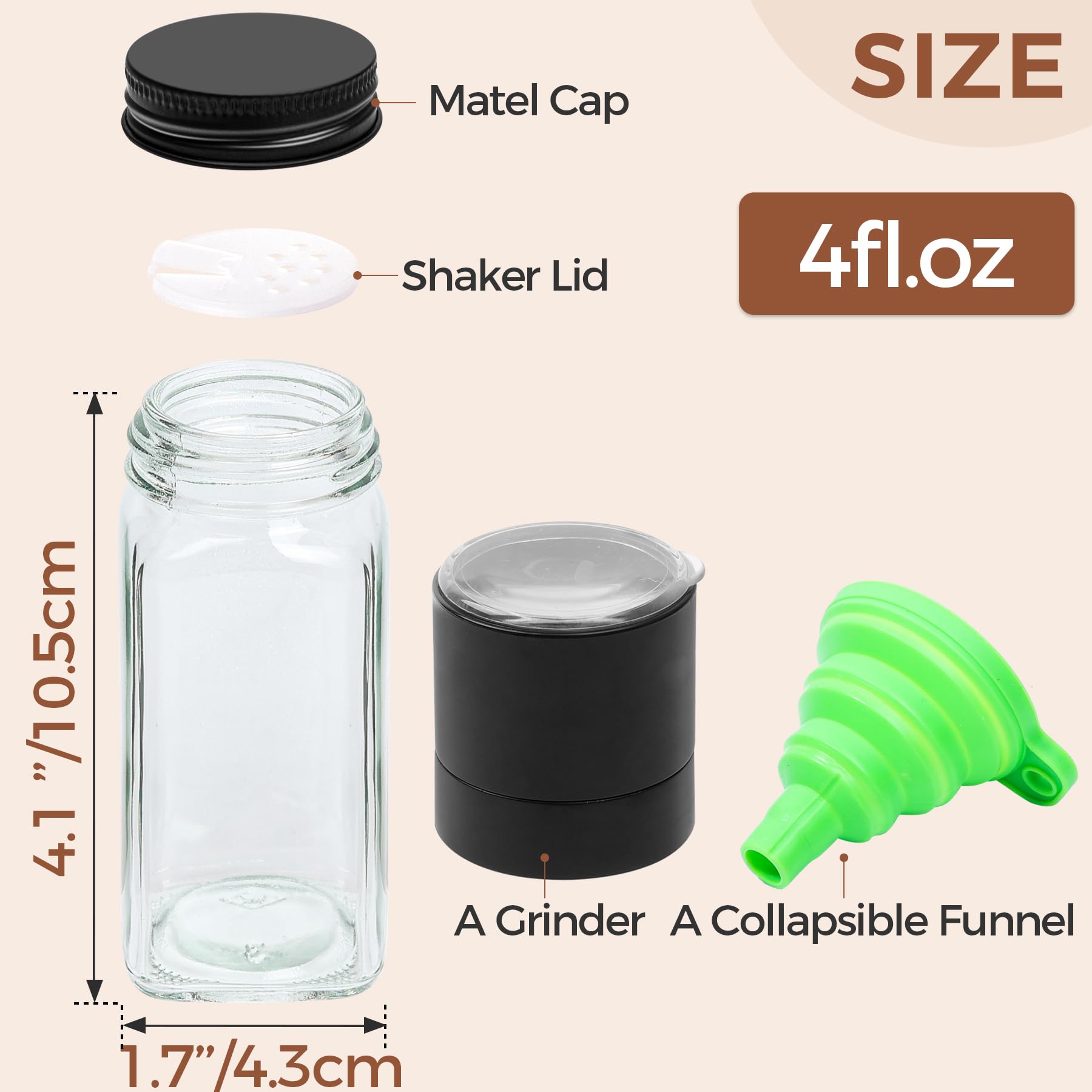 ComSaf 24-Piece 4oz Glass Spice Jars Set with Shaker Lids - Includes 93 Labels, Handy Funnel, Pepper Grinder & Square Spice Bottles - Perfect for Kitchen Organization, Seasoning Storage & DIY Spice Blends