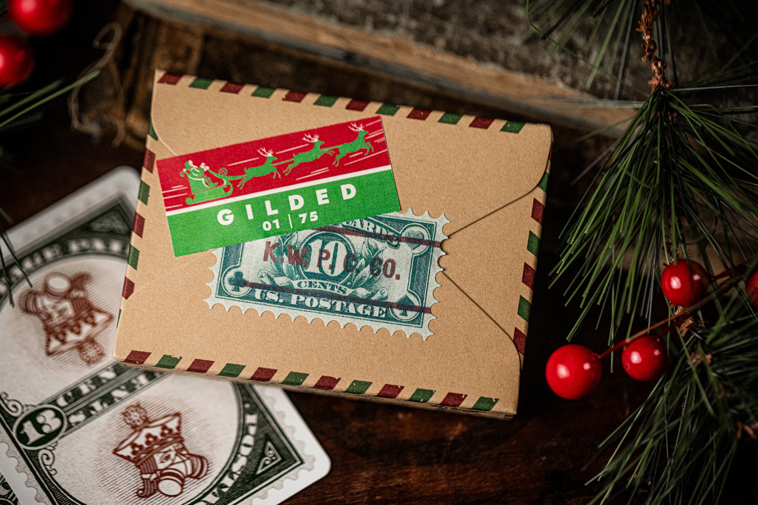 Paid Postage Christmas Cards - Elegant Green Gilded Holiday Greeting Cards for Festive Season Mailing