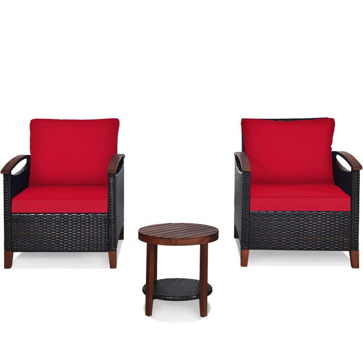Outdoor Bistro Furniture Set - 2 Single Sofas & Round Coffee Table with Thick Cushions, Acacia Wood Frame - Perfect for Patio, Backyard, Garden, Balcony, Terrace & Poolside Relaxation