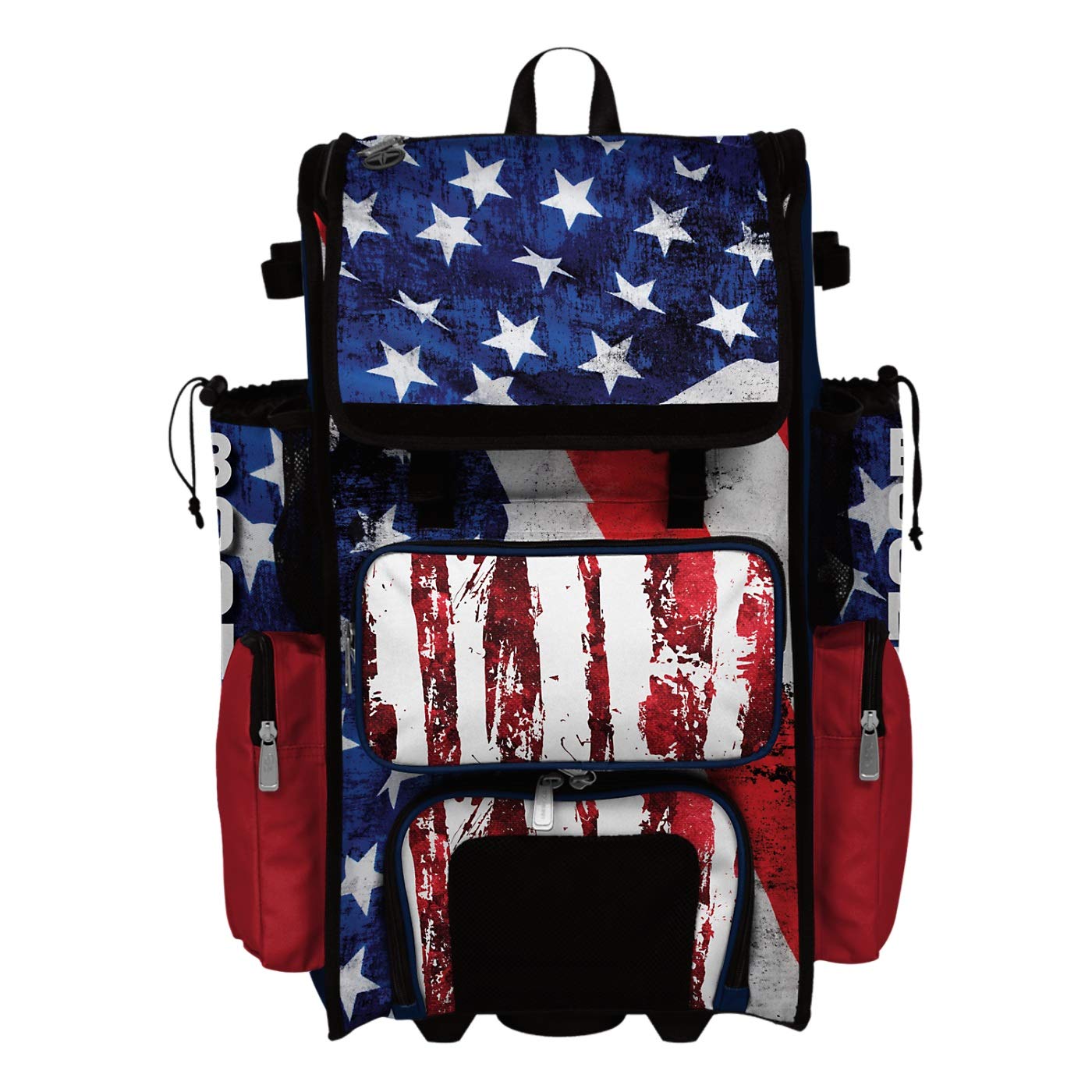 Boombah Superpack Hybrid Rolling Bat Bag - USA Stars & Stripes Navy/Red/White - Wheeled & Backpack Baseball Bag for Travel & Sports Equipment Storage