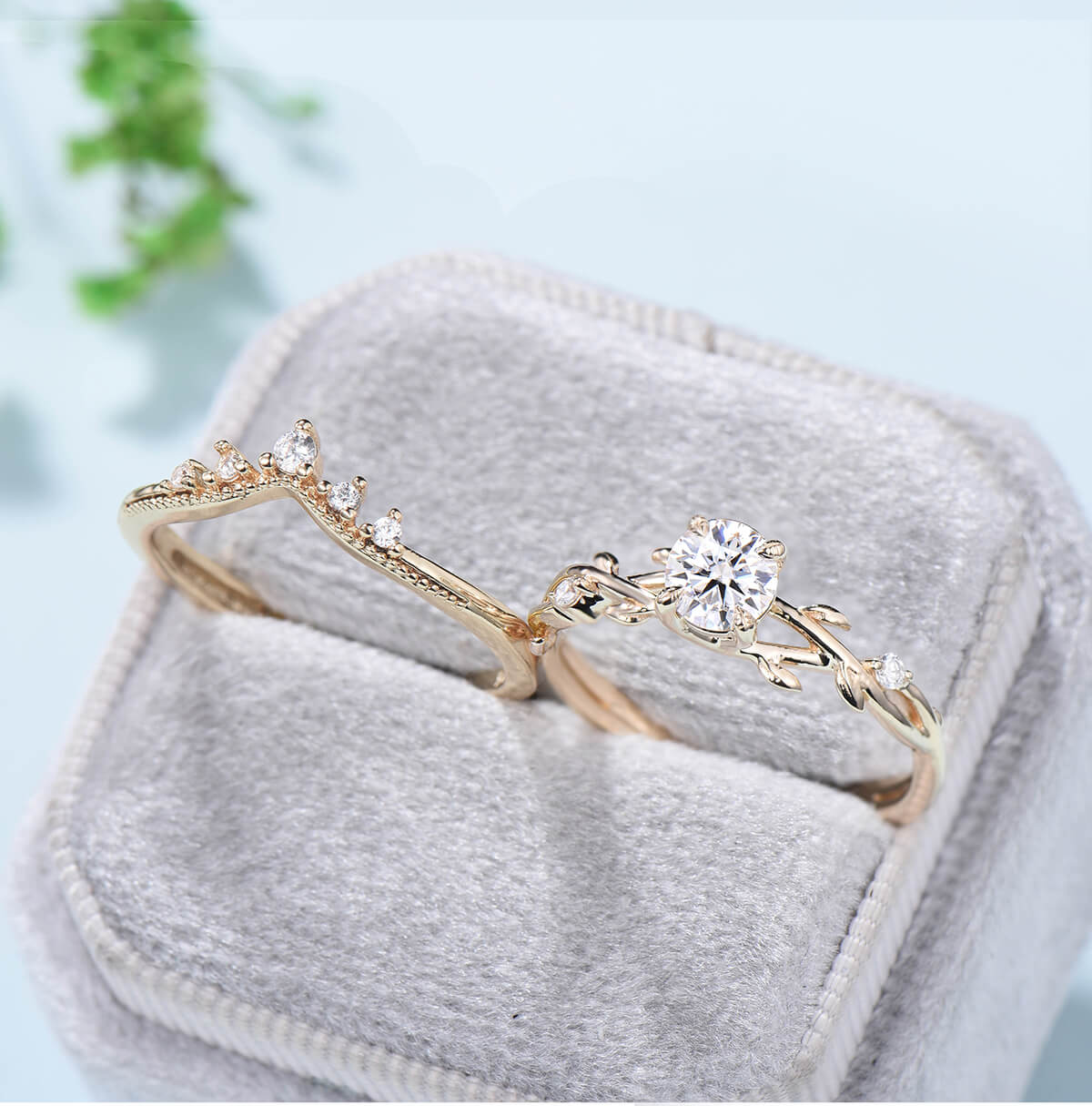 5mm Round Brilliant Moissanite Engagement Ring Set - Nature Inspired Leaf Branch Wedding Band, Unique Twig Bridal Jewelry for Women | Perfect for Proposals, Anniversaries & Romantic Occasions