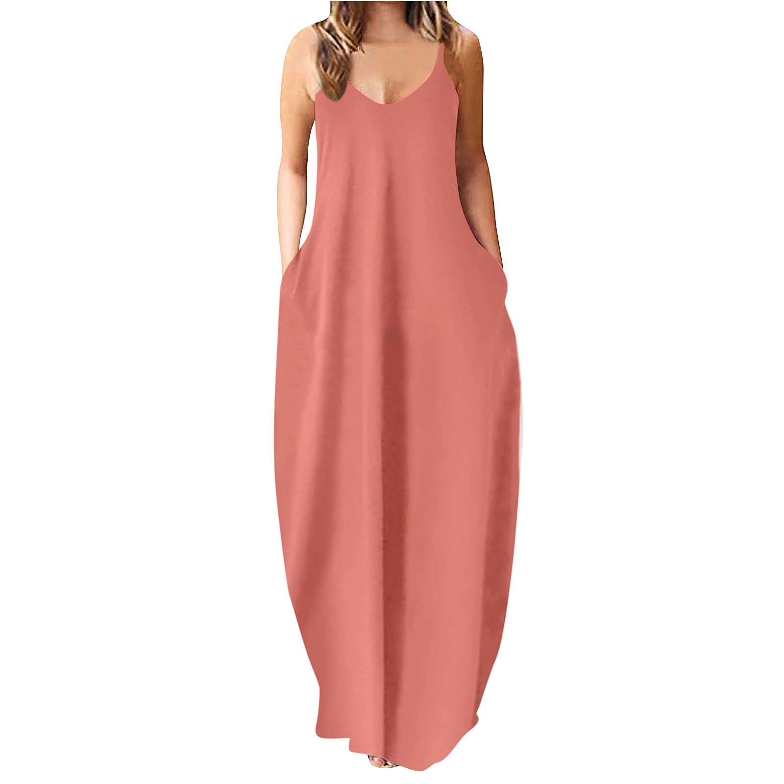 TWGONE Women's Summer Sleeveless Loose Maxi Dress with Pockets - Casual Plain Cami Long Dress for Beach, Vacation & Everyday Wear