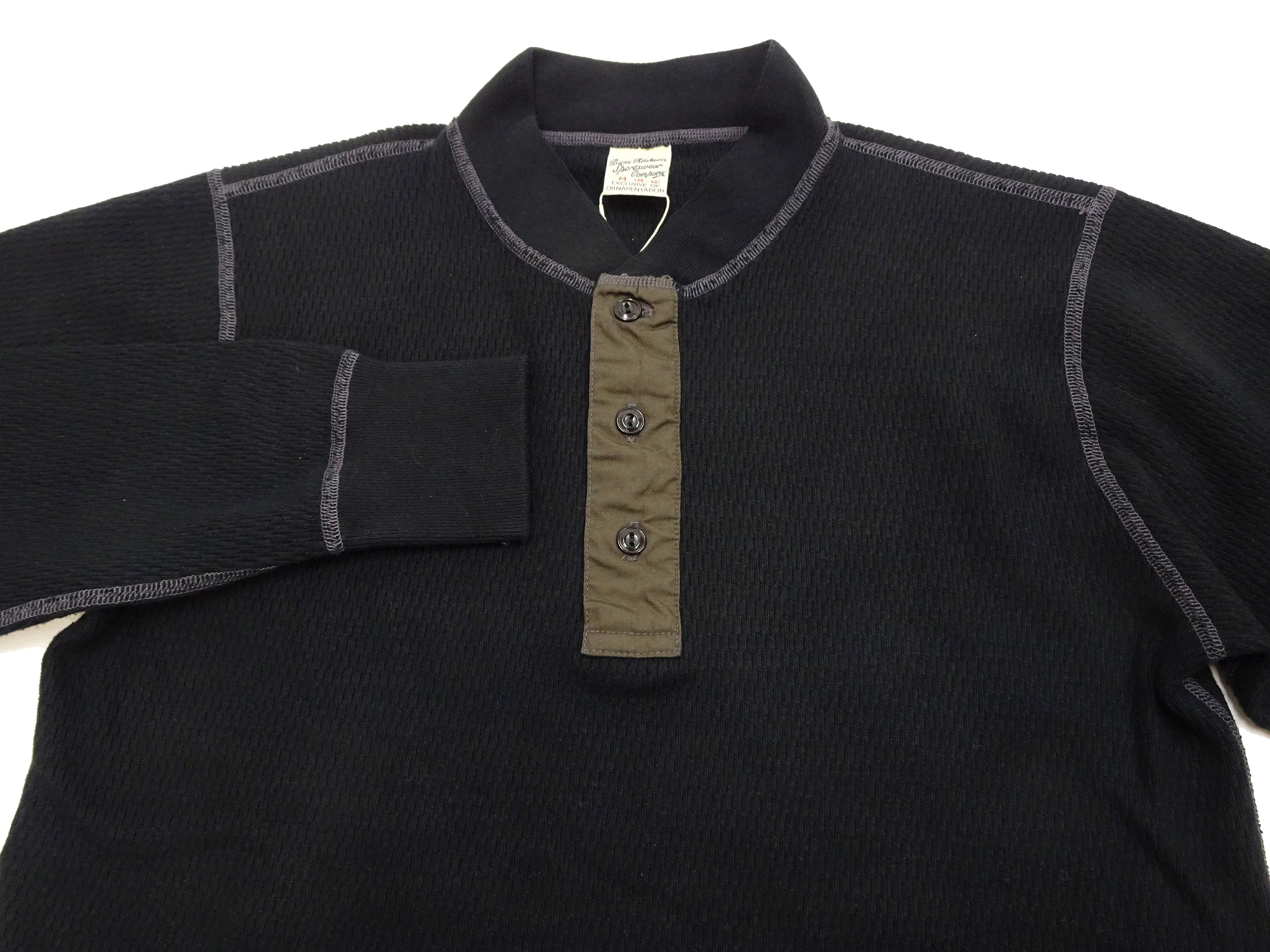 Buzz Rickson Men's Heavyweight Waffle Knit Thermal Henley T-Shirt - Long Sleeve 3-Button Placket Plain Tee (BR68130-119, Black) for Outdoor Work, Camping & Cold Weather Layering