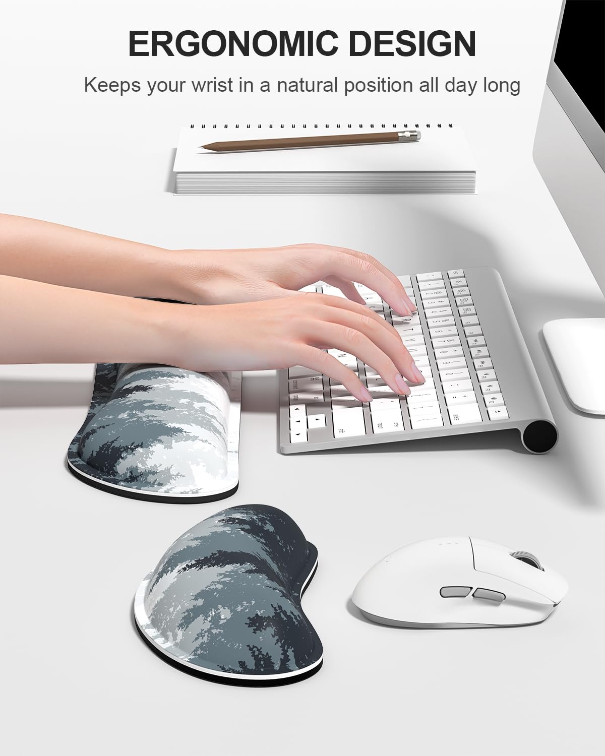 Auhoahsil 3-Piece Ergonomic Desk Set - Memory Foam Keyboard Wrist Rest, XXL Extended Gaming Mouse Pad & Mouse Wrist Pad - Comfortable Wrist Support for Office & Gaming - White Ink Forest Design for Men & Women - Perfect for Computer Workstations & Home Office Setup
