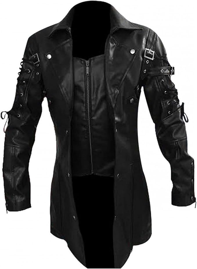 Men's Real Black Leather Gothic Trench Coat - Steampunk Matrix Style Jacket for Goth Fashion & Cosplay | Perfect for Halloween, LARP, and Dark Aesthetic Outfits
