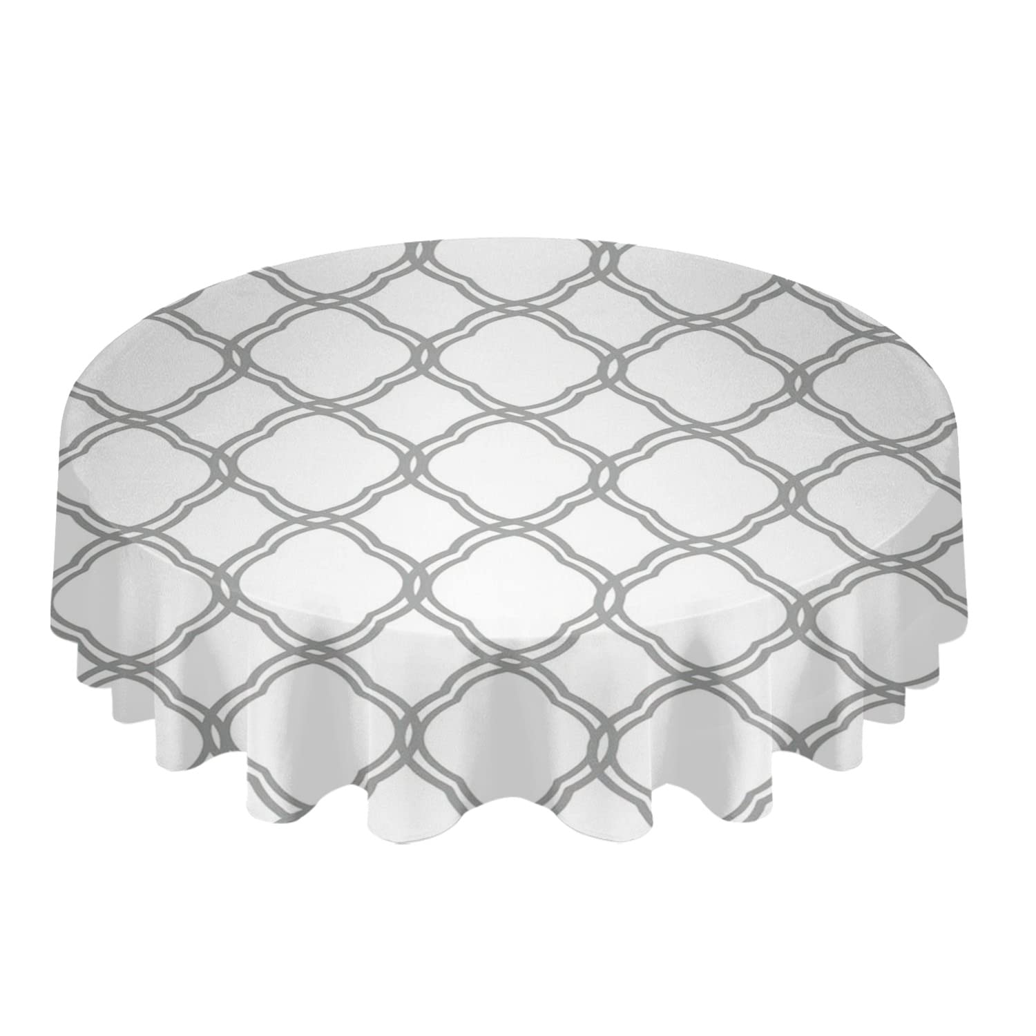 54 Inch Moroccan Tile Quatrefoil Waterproof Vinyl Tablecloth - Stain-Proof, Washable Oilcloth Table Cover for Outdoor Dining, Parties, Camping (Gray White) | Perfect for Picnics, BBQs, and Holiday Gatherings