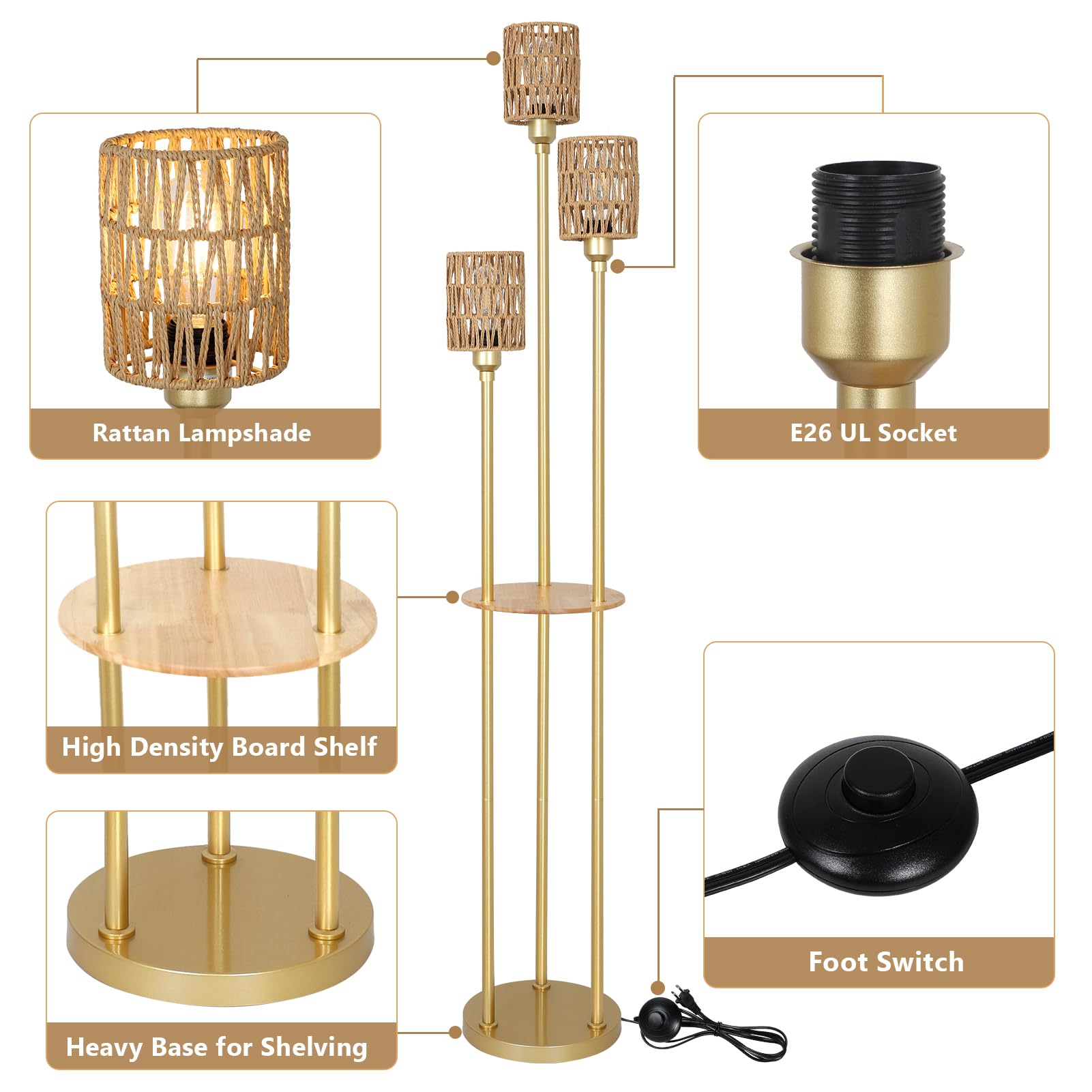 Boho 3-Light Farmhouse Floor Lamp with Shelves & Rattan Shades - Gold Modern Standing Lamp with Foot Switch for Living Room, Bedroom, Office - Perfect for Reading Nook, Cozy Corner & Home Decor