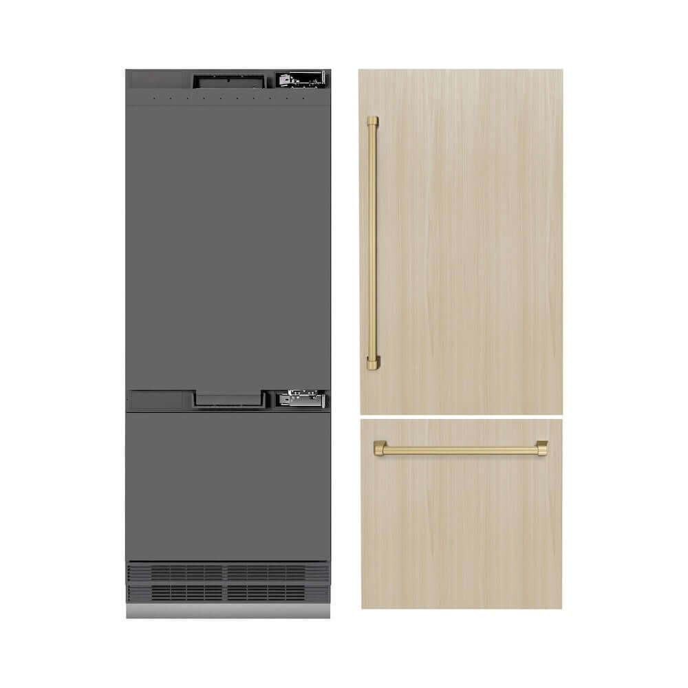 ZLINE Autograph Edition 30-Inch Built-In Bottom Freezer Refrigerator - 16.1 cu. ft. Capacity, Panel Ready, Water Dispenser & Ice Maker, Graphite Gray Interior with Champagne Bronze Accents (GRBIVZ 30 CB) - Perfect for Modern Kitchens, Open-Concept Homes & Luxury Appliances Integration