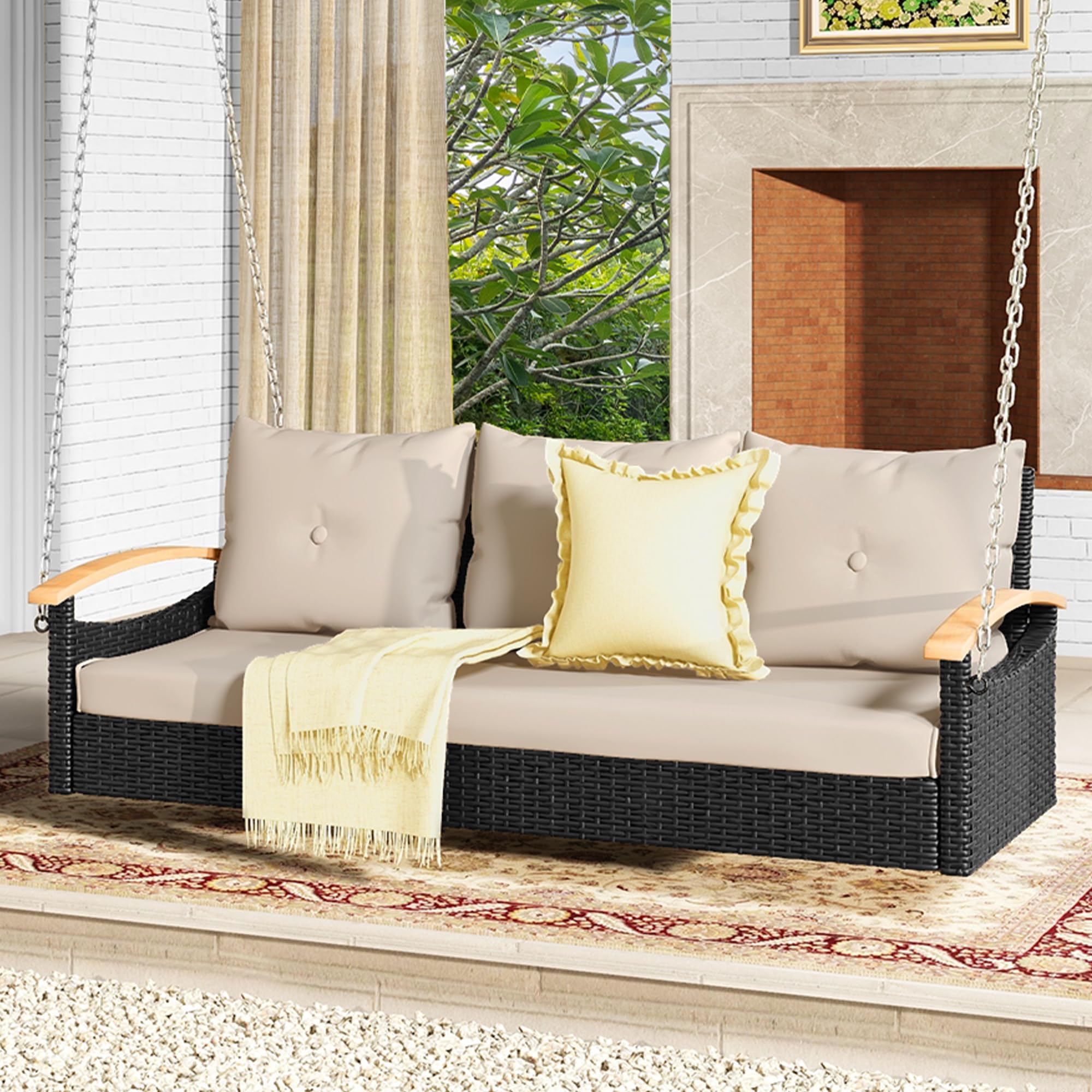 DWVO 3-Seater Outdoor Hanging Porch Swing - Rattan Wicker Patio Lounge Bench with 794lbs Weight Capacity - Perfect for Garden, Balcony, Deck & Backyard Relaxation (Black & Beige)