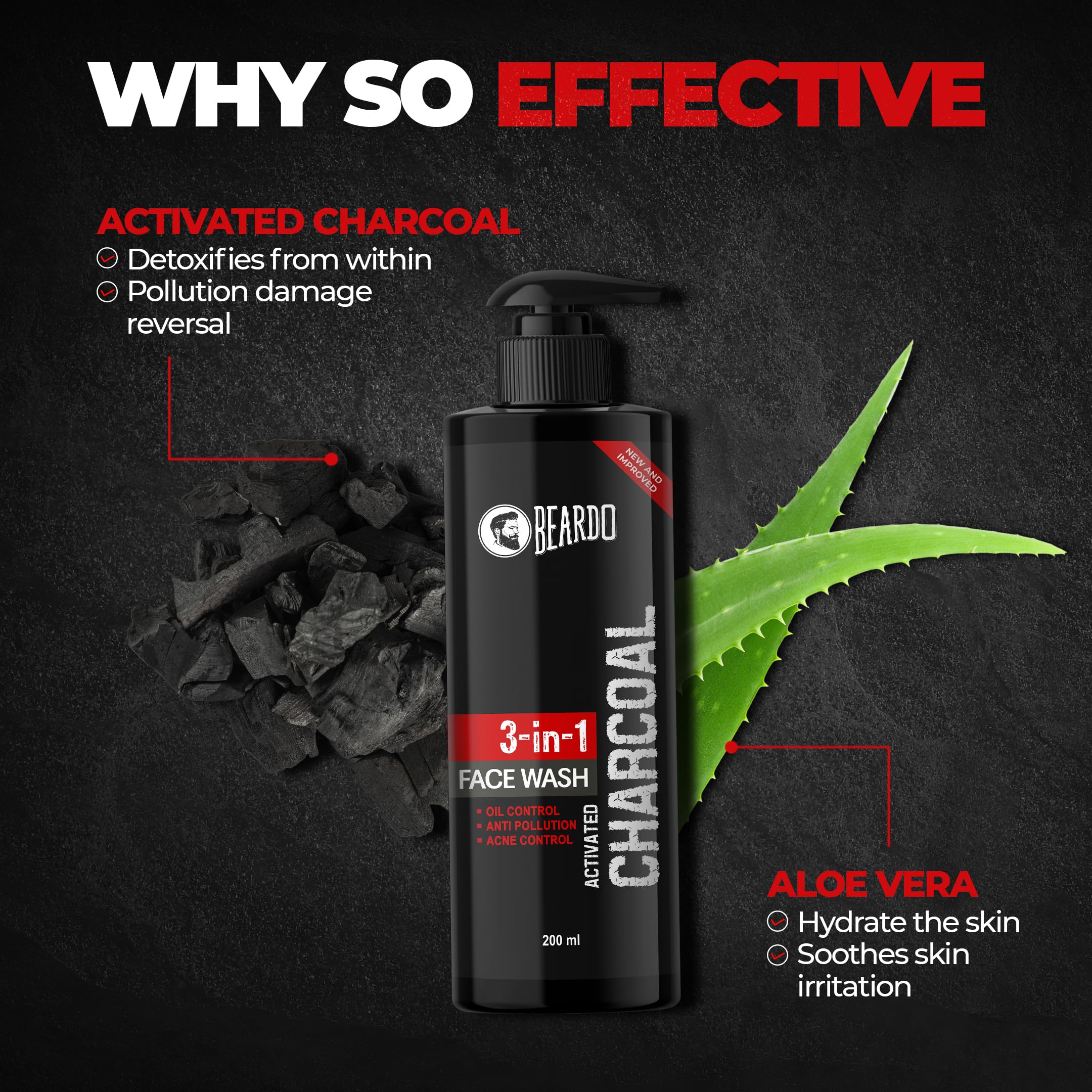 Beardo 3-in-1 Activated Charcoal Face Wash for Men - Deep Cleansing, Exfoliating & Detoxifying Formula | Oil Control Face Wash for Oily Skin | Removes Dirt & Pollution | 200ml | Perfect for Daily Skincare & Post-Workout Cleansing