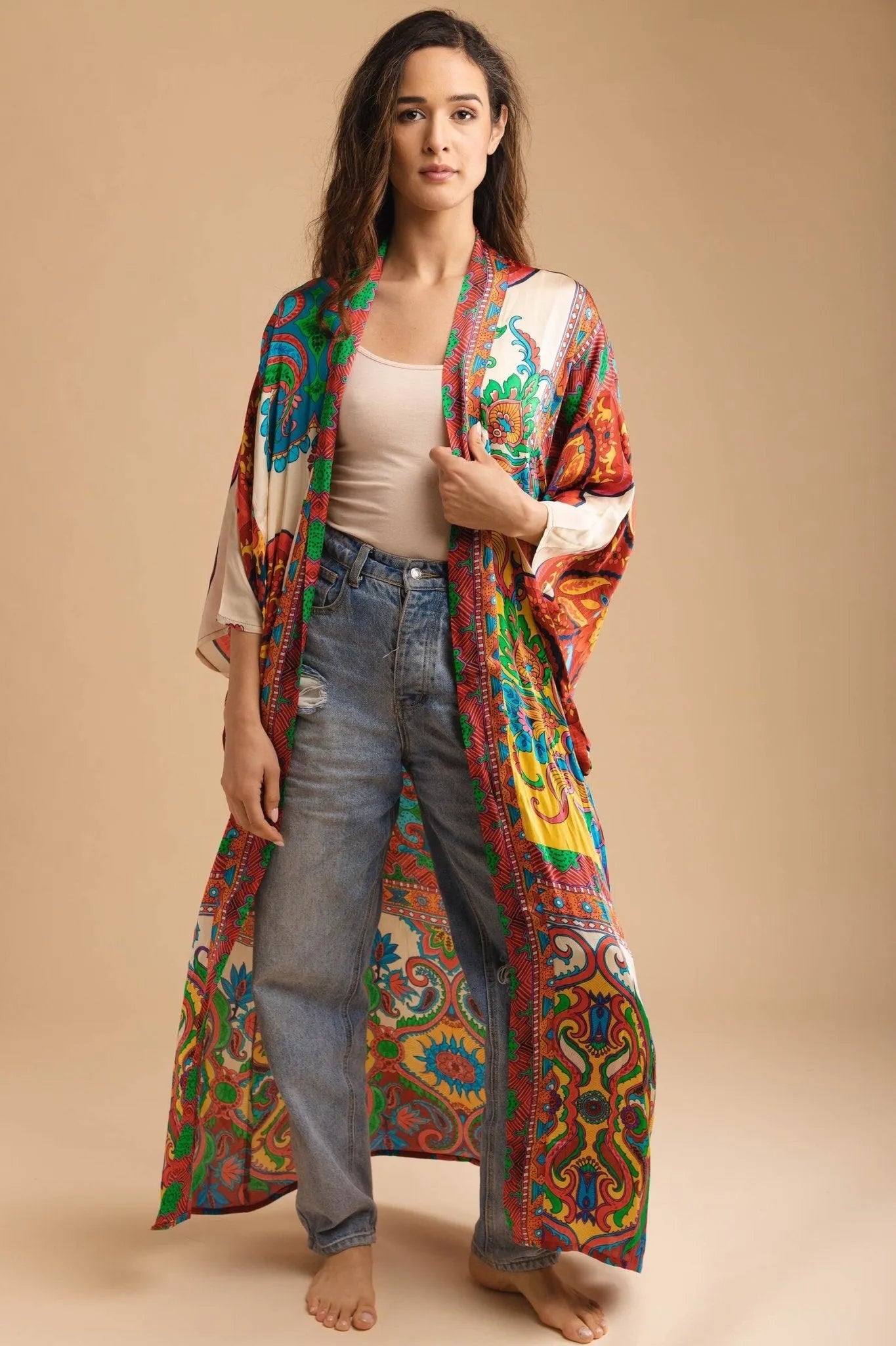 Bohemian Paisley Printed Kimono Robe - Floral Long Sleeve Cover Up for Women - Perfect for Beach, Pool, or Lounge Wear