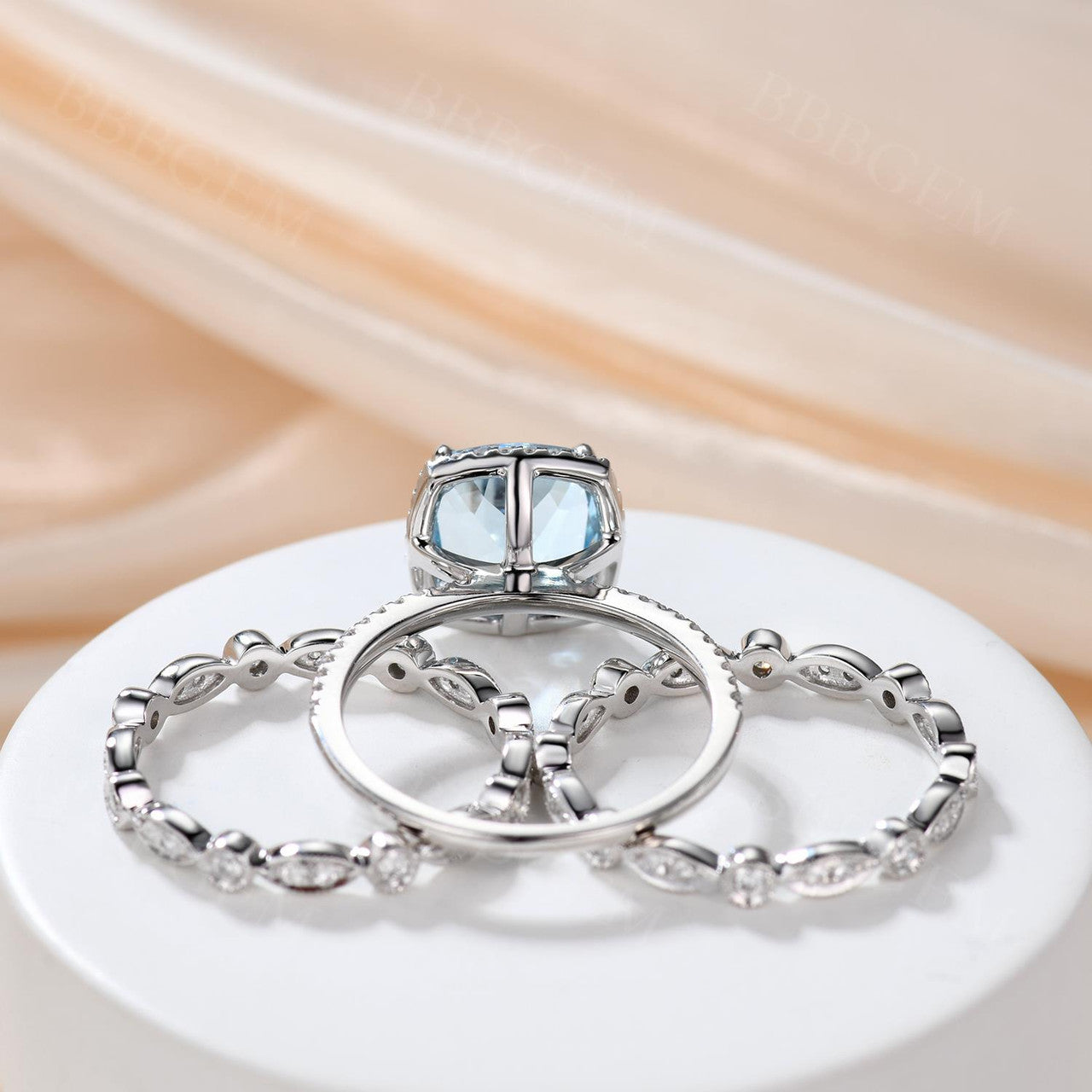 2.2 Carat Cushion Cut Aquamarine and Diamond Bridal Set, 14K White Gold Wedding Ring with Full Eternity Band - Perfect for Engagement, Anniversary, and Art Deco Style Jewelry Lovers