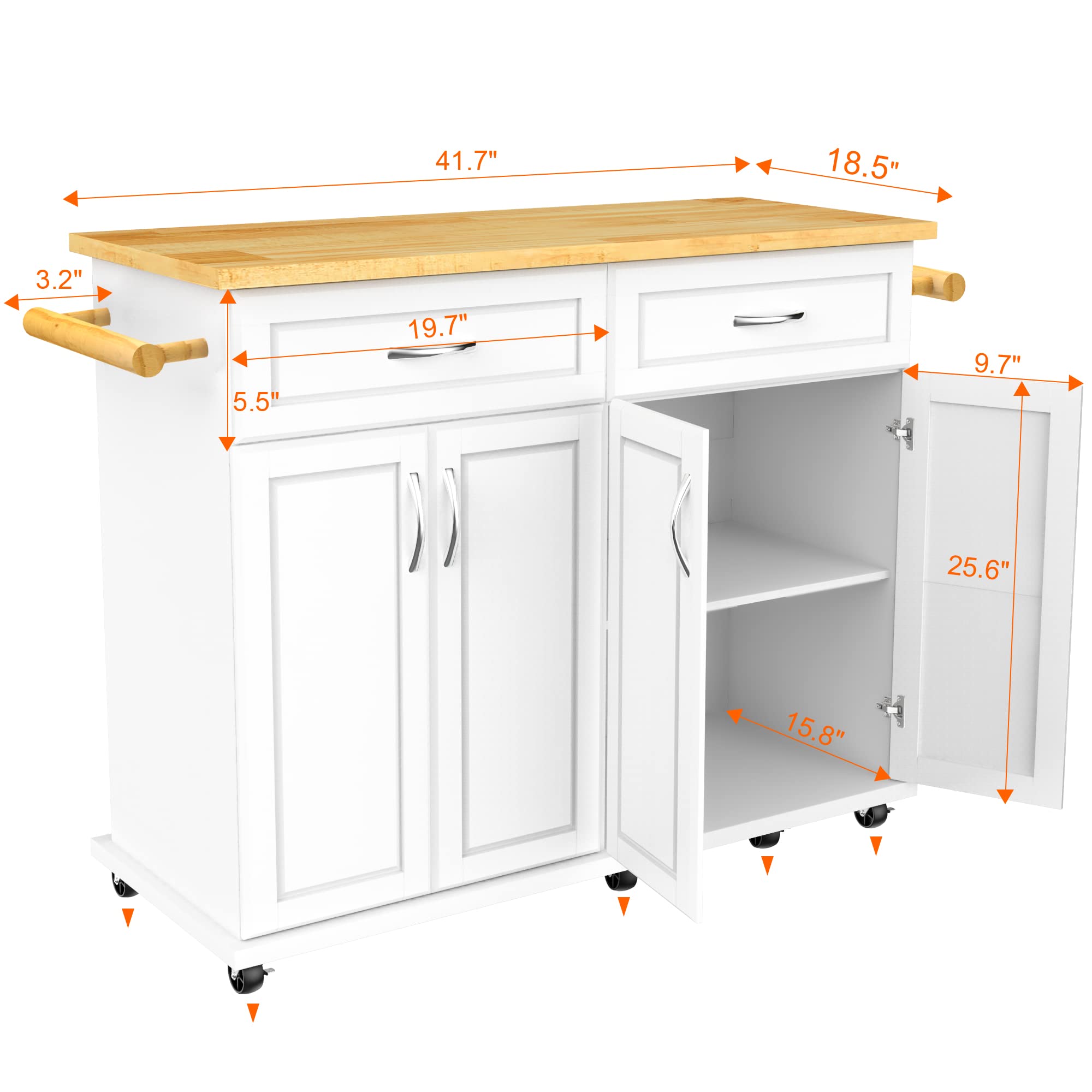White Kitchen Island Cart with Storage Cabinet & Drawer - 48