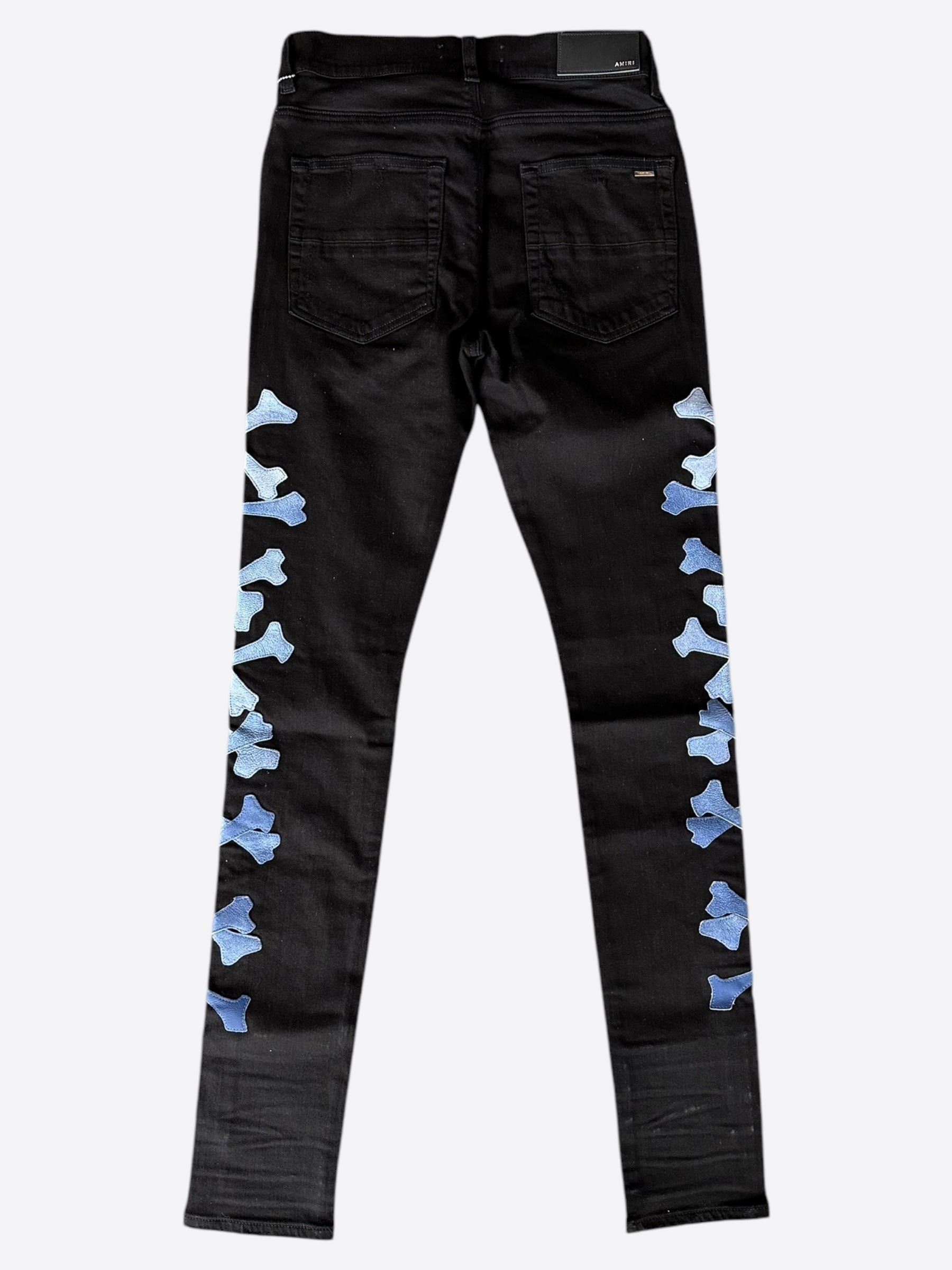 Amiri Black & Blue Gradient Bones Applique Distressed Jeans for Men - High-Quality Designer Denim Pants for Casual Wear & Street Style Fashion