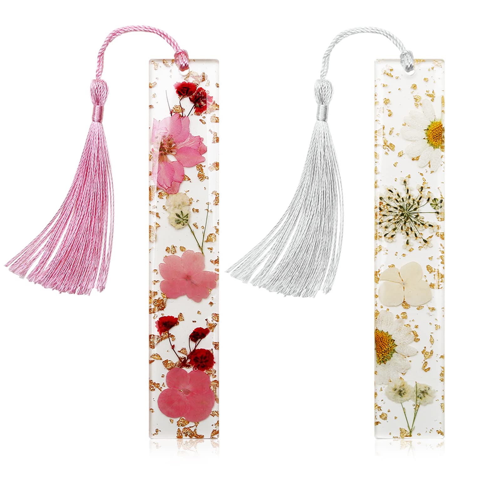 Kaluofan 2PCS Handmade Dried Flower Resin Bookmarks with Tassels - Elegant Floral Bookmark for Women, Durable Reading Accessories to Enhance Reading Interest - Perfect Gift for Book Lovers, Students & Teachers (Reading, Studying, Book Club, Gift Giving)