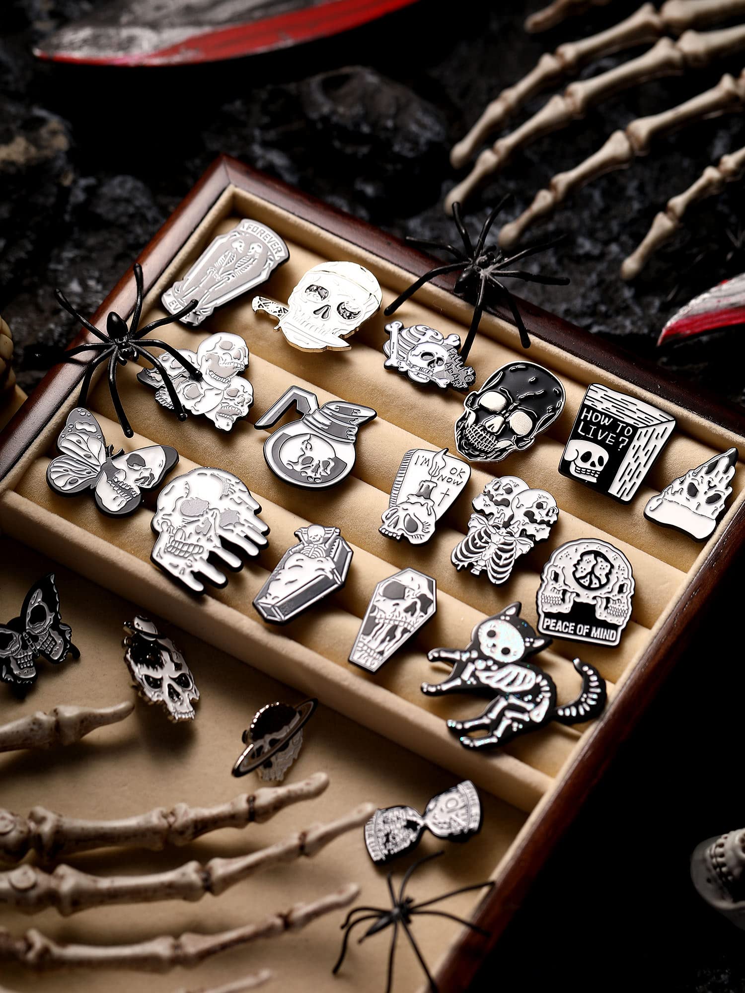 BBTO 20-Piece Gothic Skull Enamel Pin Set - Spooky Skeleton Brooches for Jacket, Backpack & Hat - Dark Cartoon Horror Pins for Halloween Costume, Goth Fashion & Punk Accessories