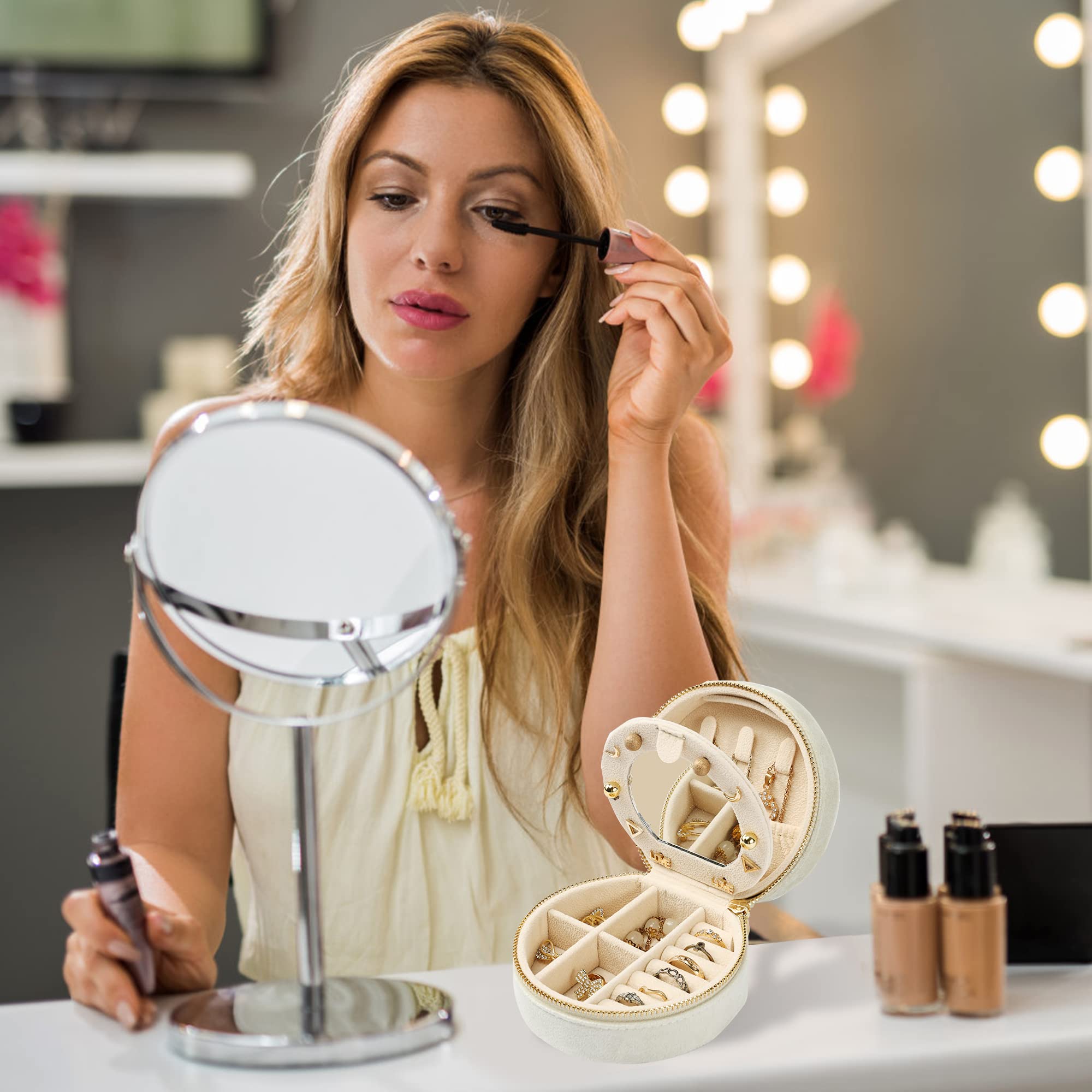 Dajasan Velvet Jewelry Organizer Box - Mini Travel Jewelry Case with Mirror for Earrings, Bracelets, Rings & Necklaces - Portable Jewelry Storage for Women - Perfect for Travel, Home & Gift (Beige)