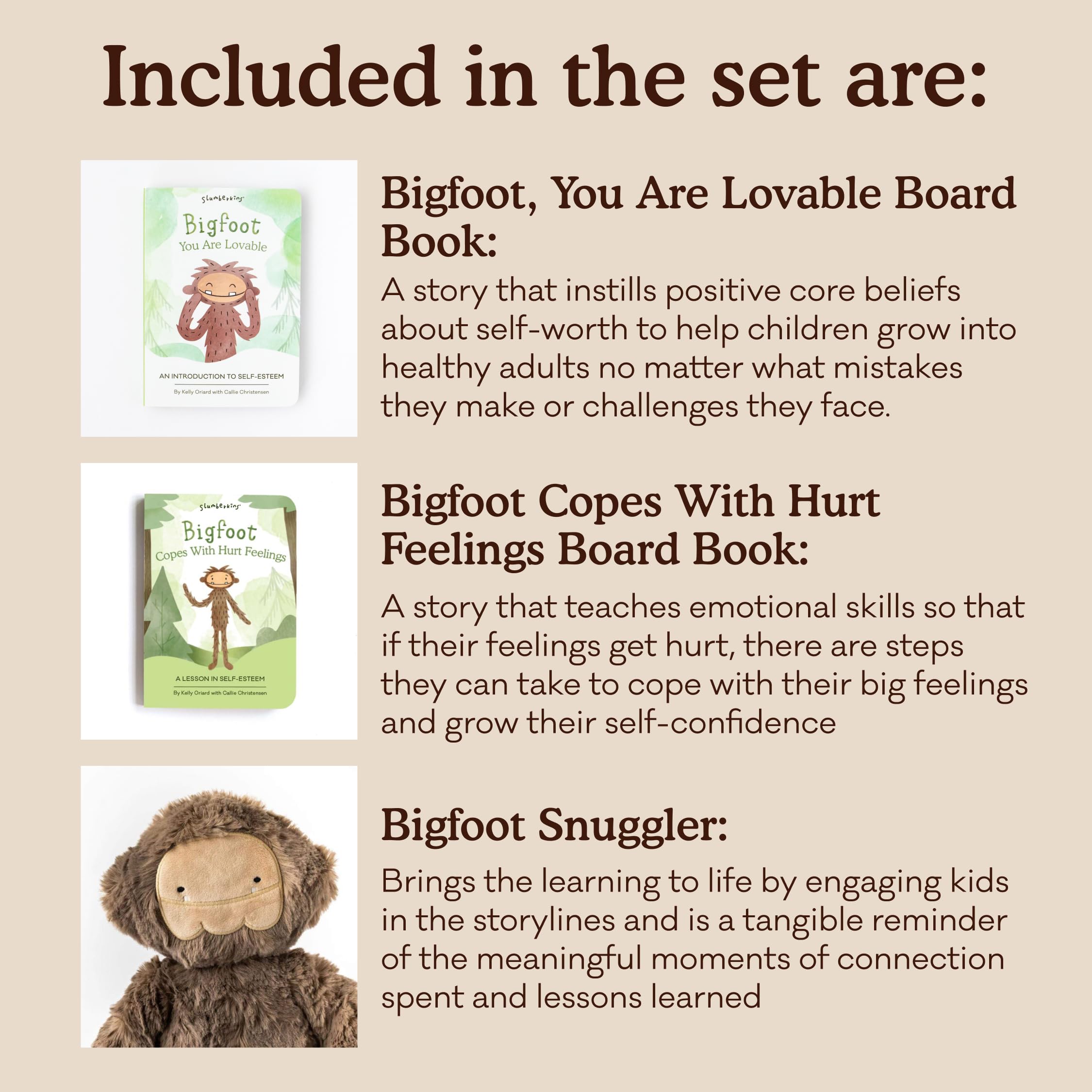 Slumberkins Bigfoot Snuggler Plush Toy & 2 Board Books Set for Kids Ages 0+ | Soft Cuddly Stuffed Animal & Storybooks to Boost Self-Esteem & Emotional Learning | Perfect for Bedtime, Playtime & Building Positive Relationships