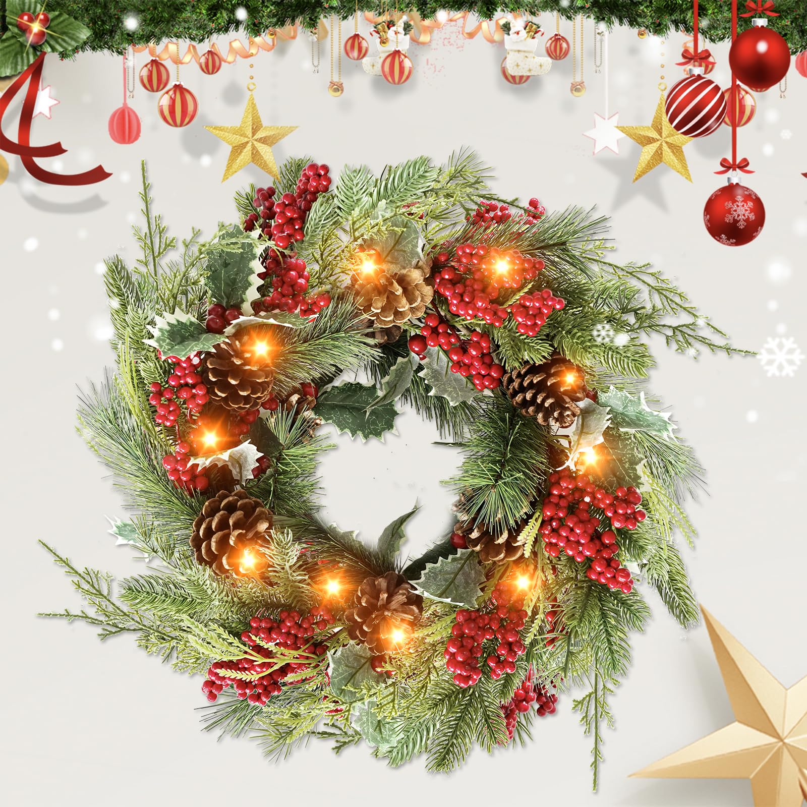 20 Inch Christmas Wreath with LED Lights - Pine Cones & Red Berries Holiday Door Wreath for Indoor Outdoor Decor - Perfect for Front Door, Fireplace & Holiday Party Decoration